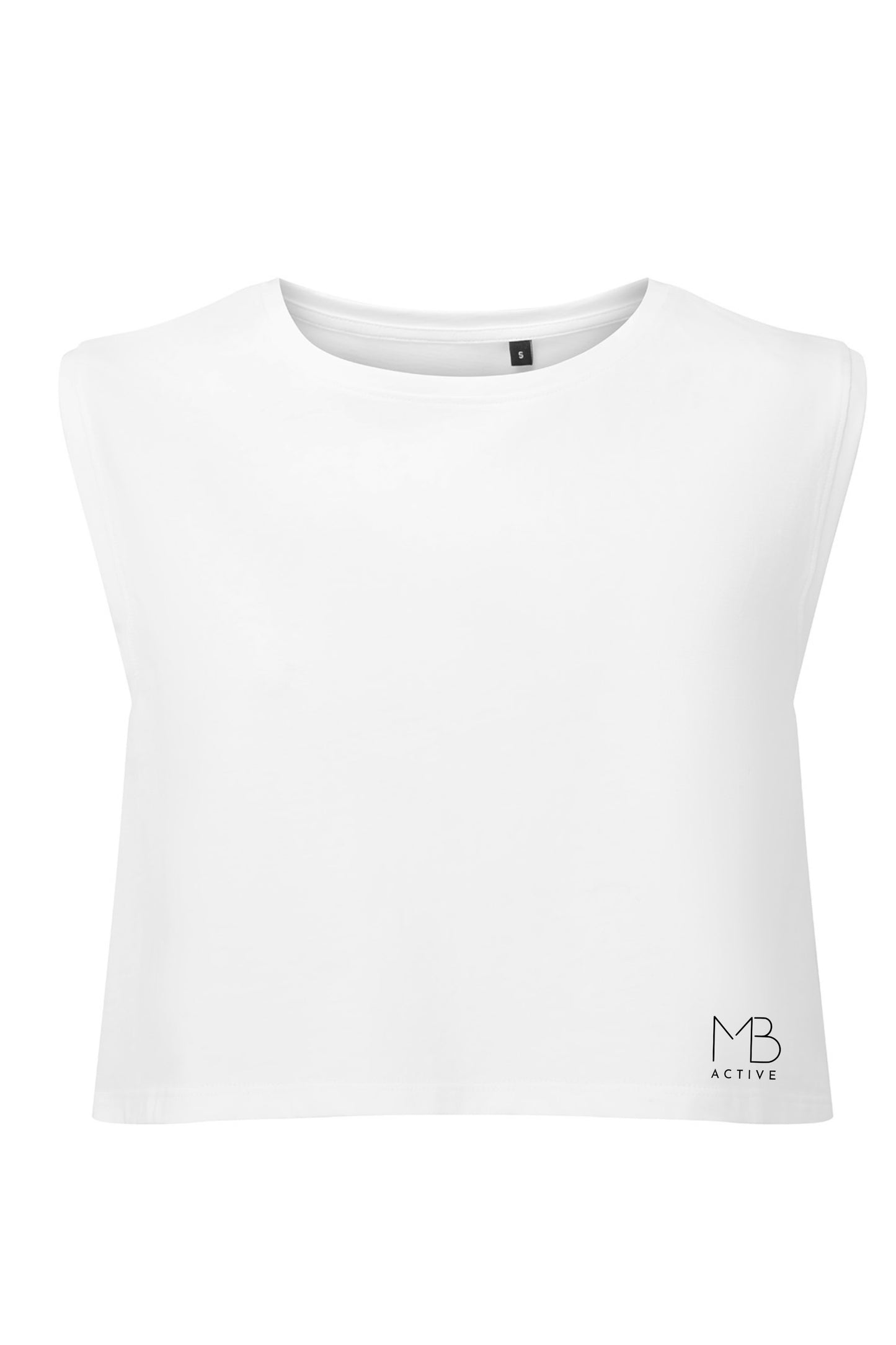 FLOW Organic Cotton Cropped Tank by MB Active in White – sustainable UK athleisure crop top made from organic cotton, OEKO-TEX eco dyed, breathable gym & yoga wear for women, cooling comfort for workouts and hormonal changes