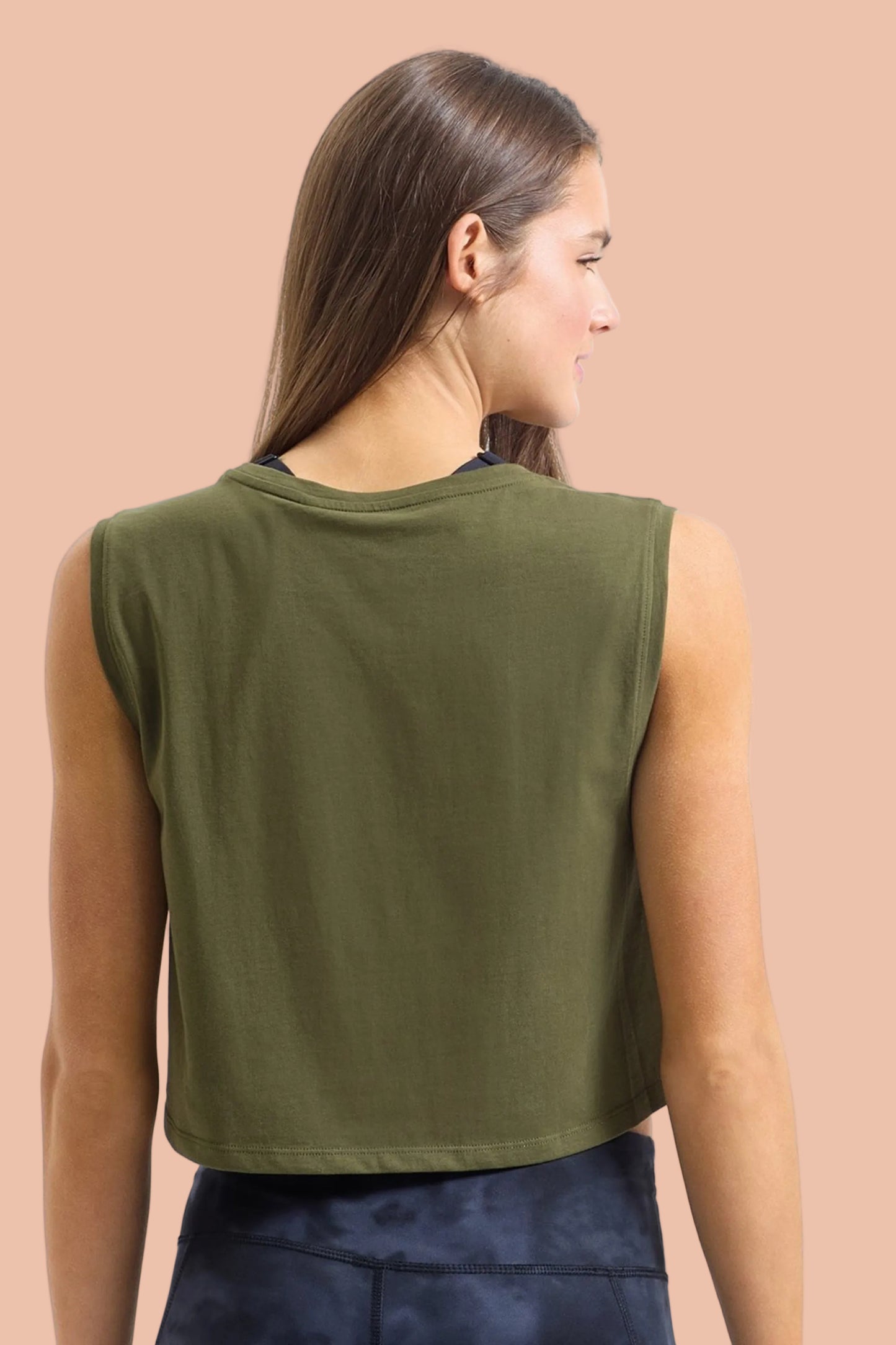 FLOW Organic Cotton Cropped Tank by MB Active in Khaki – sustainable UK athleisure crop top made from organic cotton, OEKO-TEX eco dyed, breathable gym & yoga wear for women, cooling comfort for workouts and hormonal changes