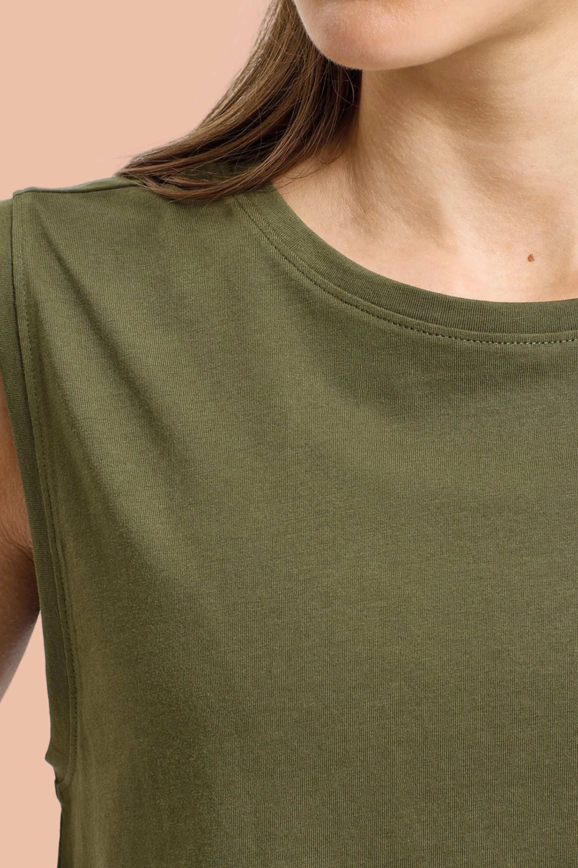 FLOW Organic Cotton Cropped Tank by MB Active in Khaki – sustainable UK athleisure crop top made from organic cotton, OEKO-TEX eco dyed, breathable gym & yoga wear for women, cooling comfort for workouts and hormonal changes