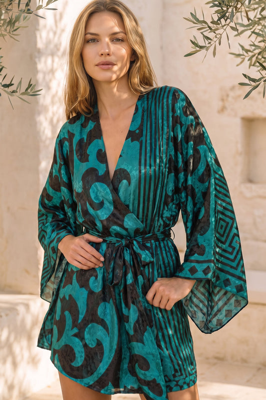 SOLARA FLOW SILK KIMONO WRAP DRESS + MATCHING SILK SCARF BY MERAKI BEACH. 