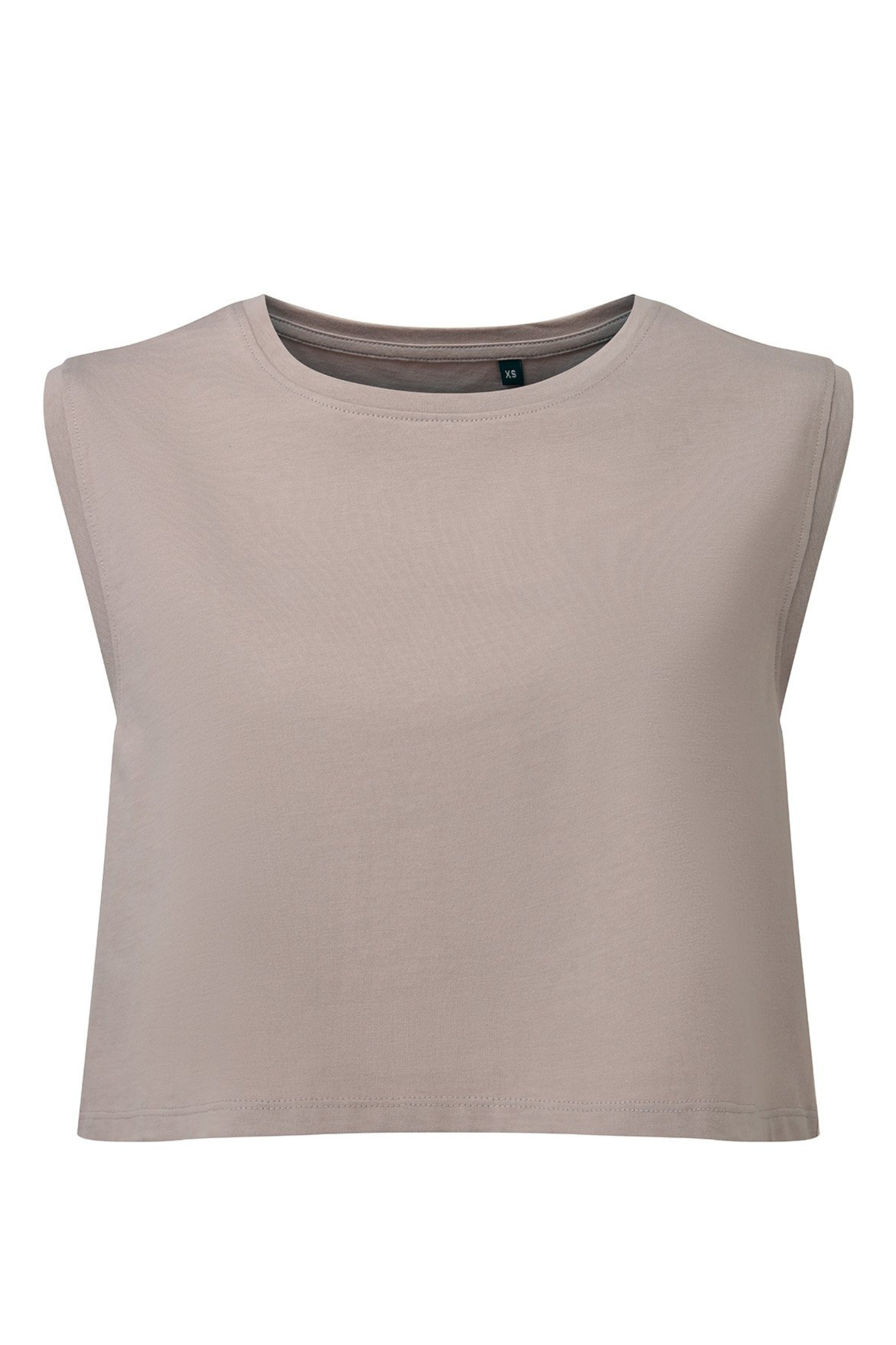 FLOW Organic Cotton Cropped Tank by MB Active in Sandstone – sustainable UK athleisure crop top made from organic cotton, OEKO-TEX eco dyed, breathable gym & yoga wear for women, cooling comfort for workouts and hormonal changes