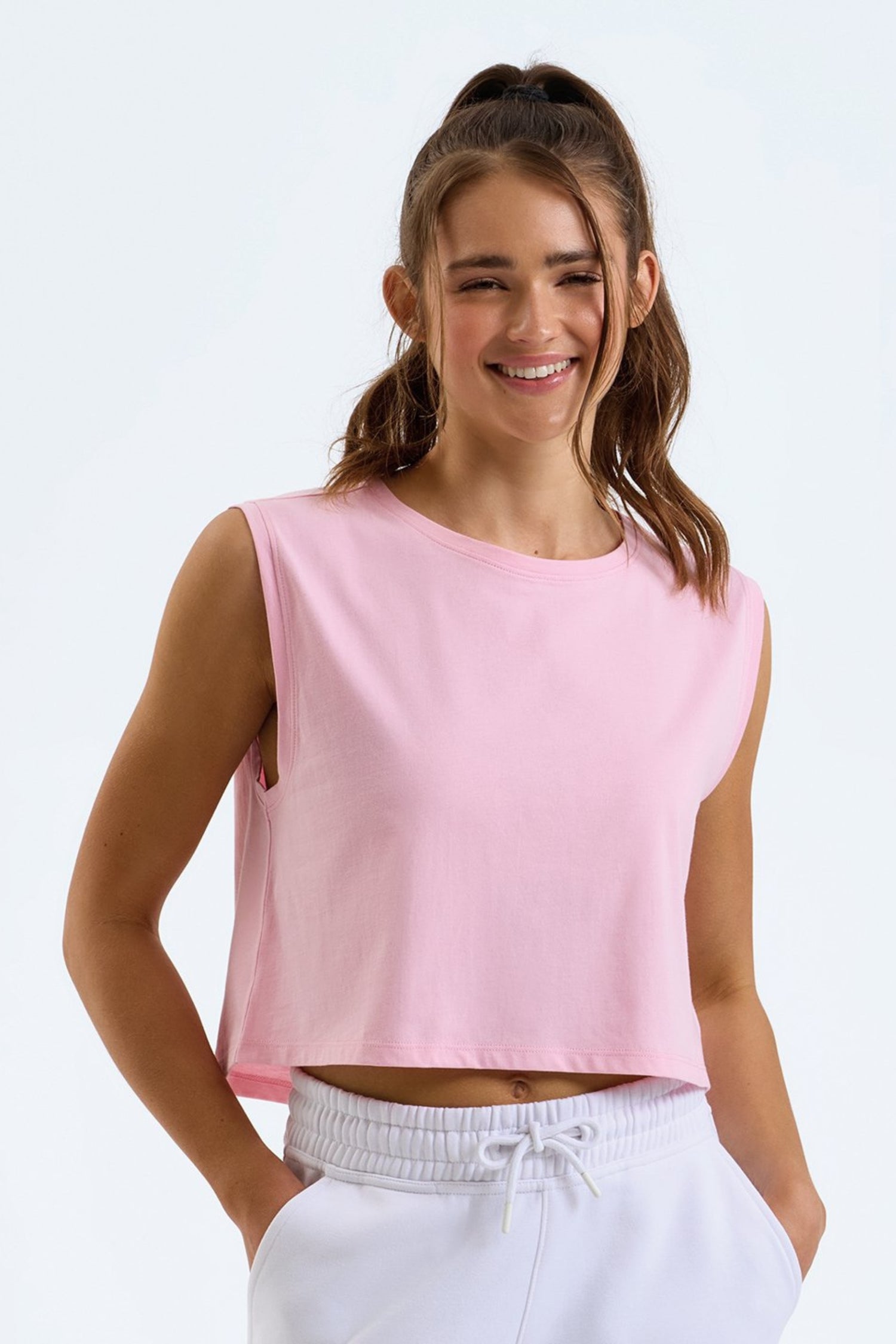 FLOW Organic Cotton Cropped Tank by MB Active in Pink – sustainable UK athleisure crop top made from organic cotton, OEKO-TEX eco dyed, breathable gym & yoga wear for women, cooling comfort for workouts and hormonal changes