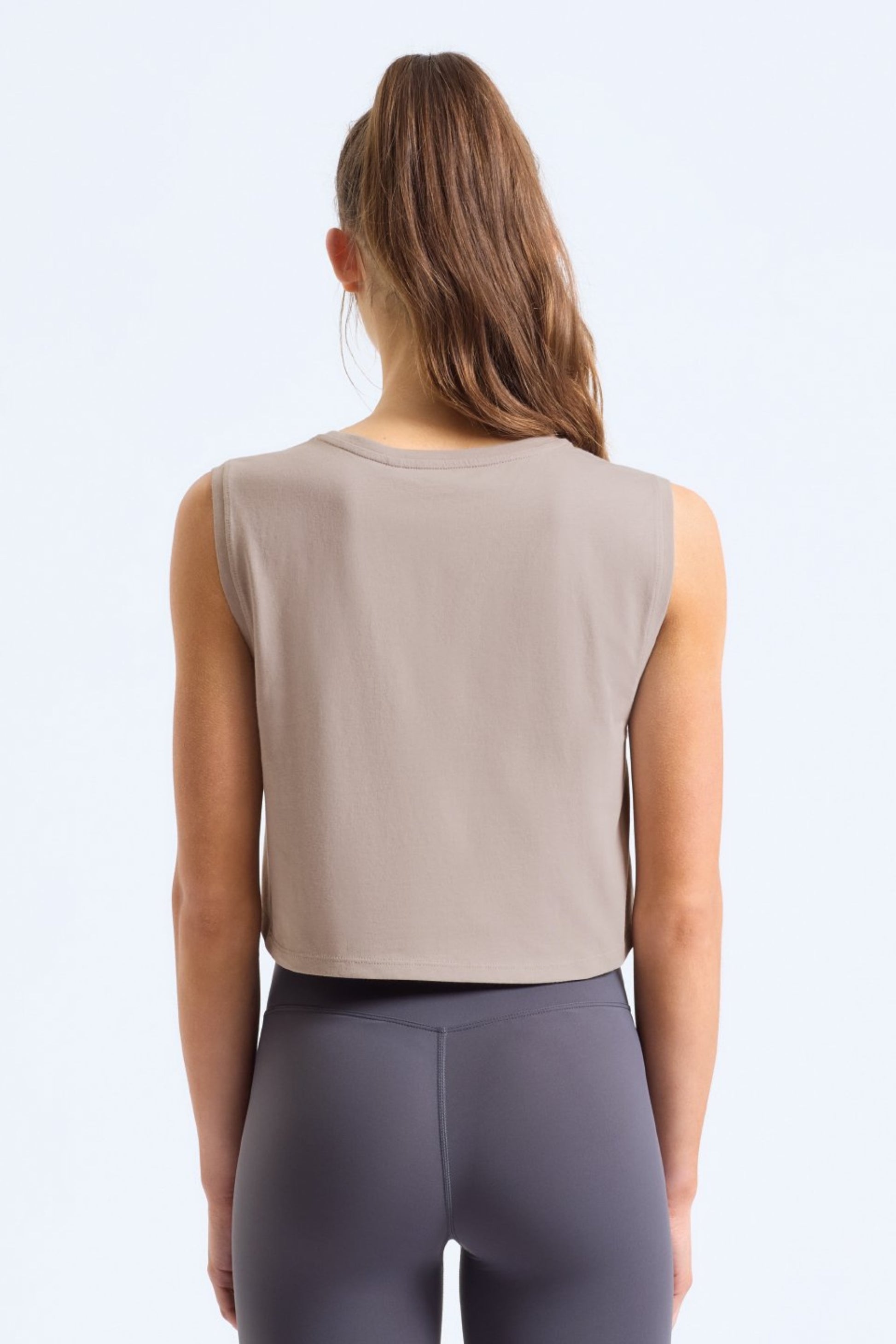 FLOW Organic Cotton Cropped Tank by MB Active in Stone – sustainable UK athleisure crop top made from organic cotton, OEKO-TEX eco dyed, breathable gym & yoga wear for women, cooling comfort for workouts and hormonal changes