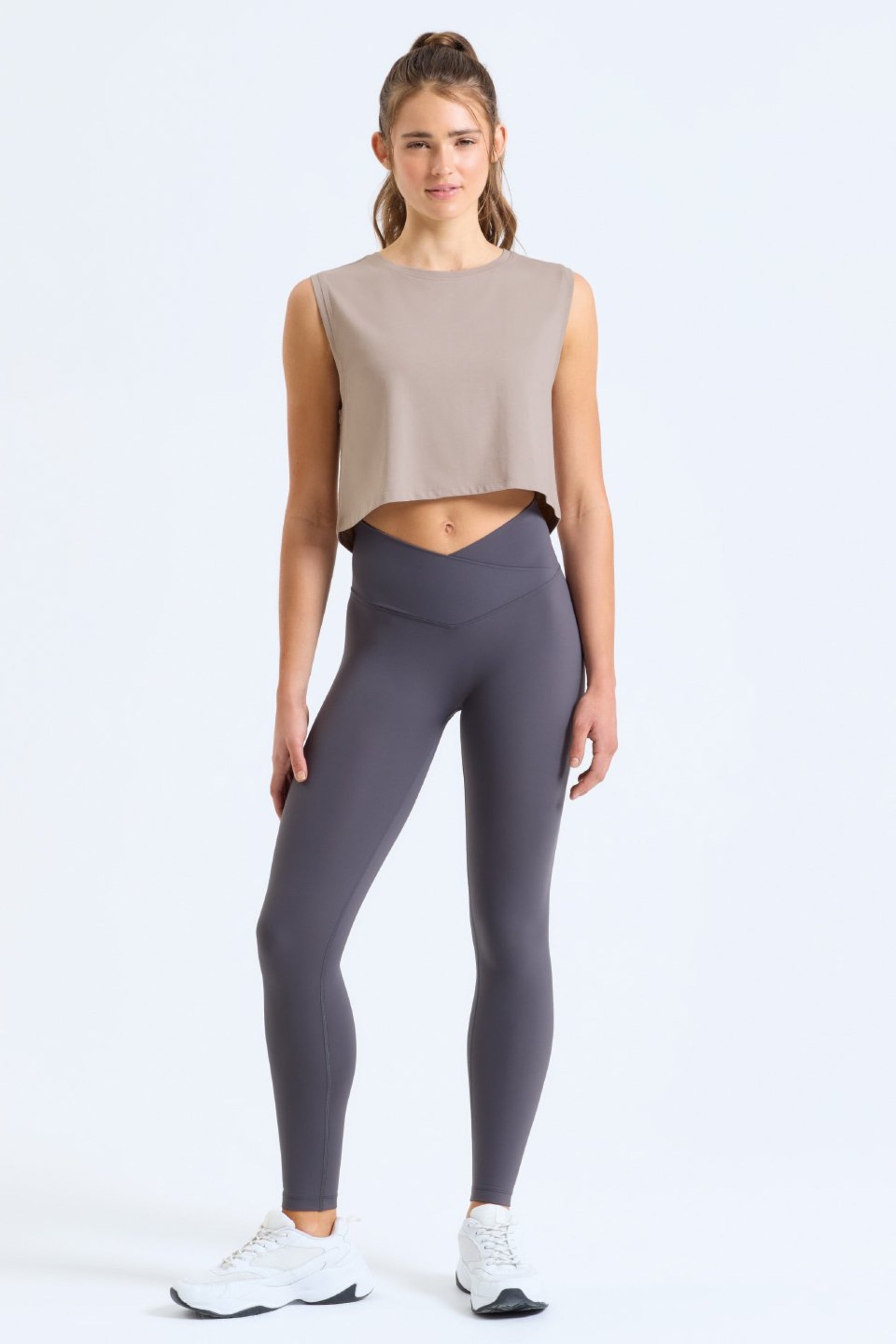FLOW Organic Cotton Cropped Tank by MB Active in Stone – sustainable UK athleisure crop top made from organic cotton, OEKO-TEX eco dyed, breathable gym & yoga wear for women, cooling comfort for workouts and hormonal changes