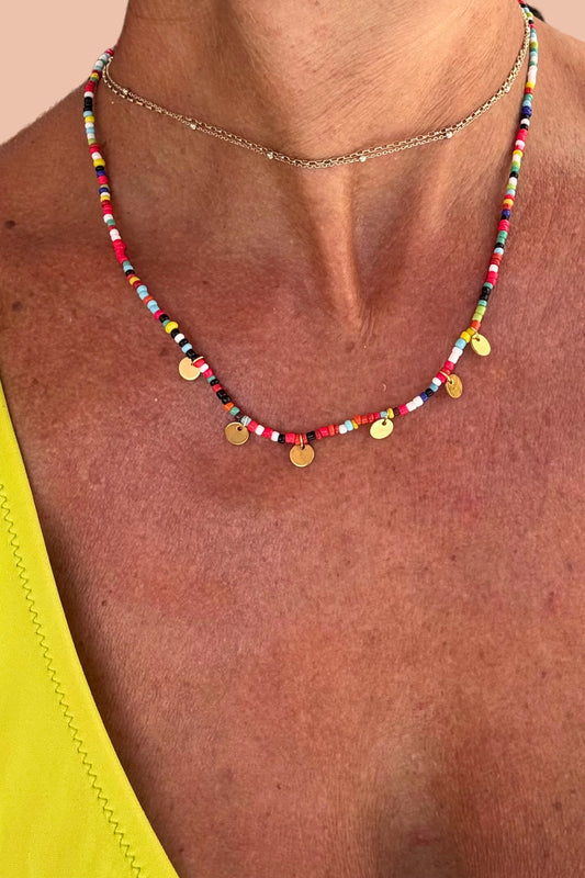 FORTUNA MULTICOLOUR GOLD COIN LAYERING NECKLACE BY MERAKI BEACH.