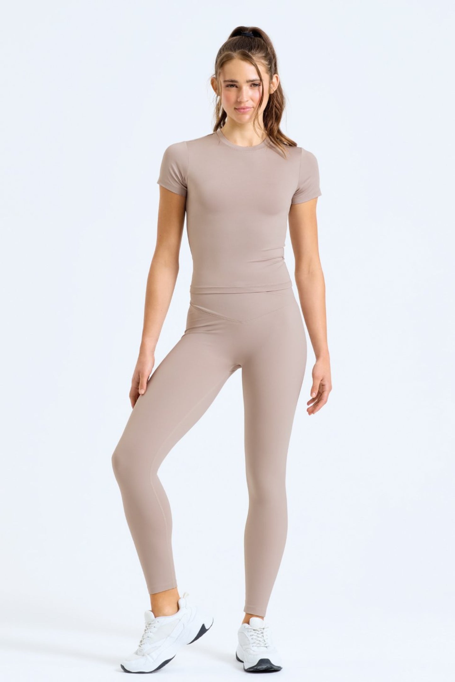 GAIA LUXE RECYCLED LEGGINGS IN SANDSTONE, MADE SUSTAINABLY FROM PLASTIC WASTE BY MERAKI BEACH