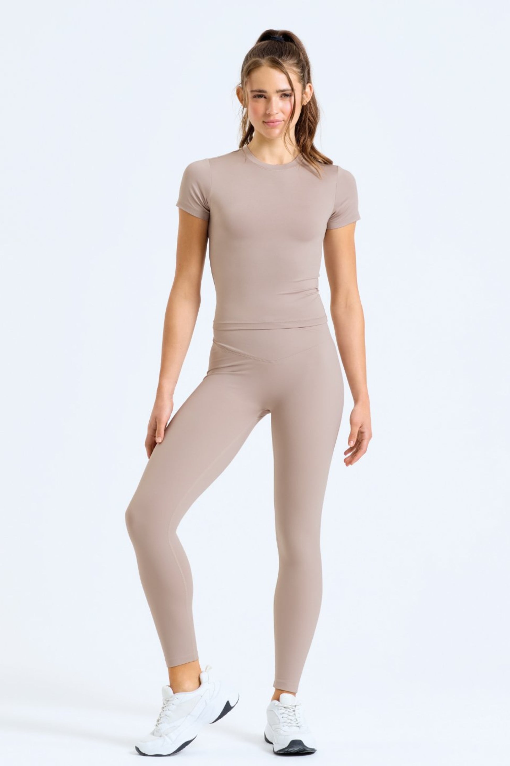 GAIA LUXE RECYCLED LEGGINGS IN SANDSTONE, MADE SUSTAINABLY FROM PLASTIC WASTE BY MERAKI BEACH