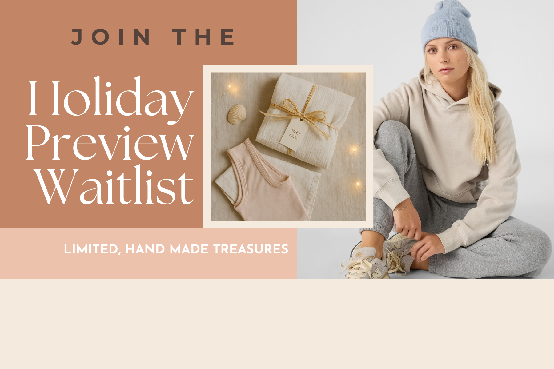 Promotional image for a holiday preview waitlist with text and images of gifts and a person sitting.