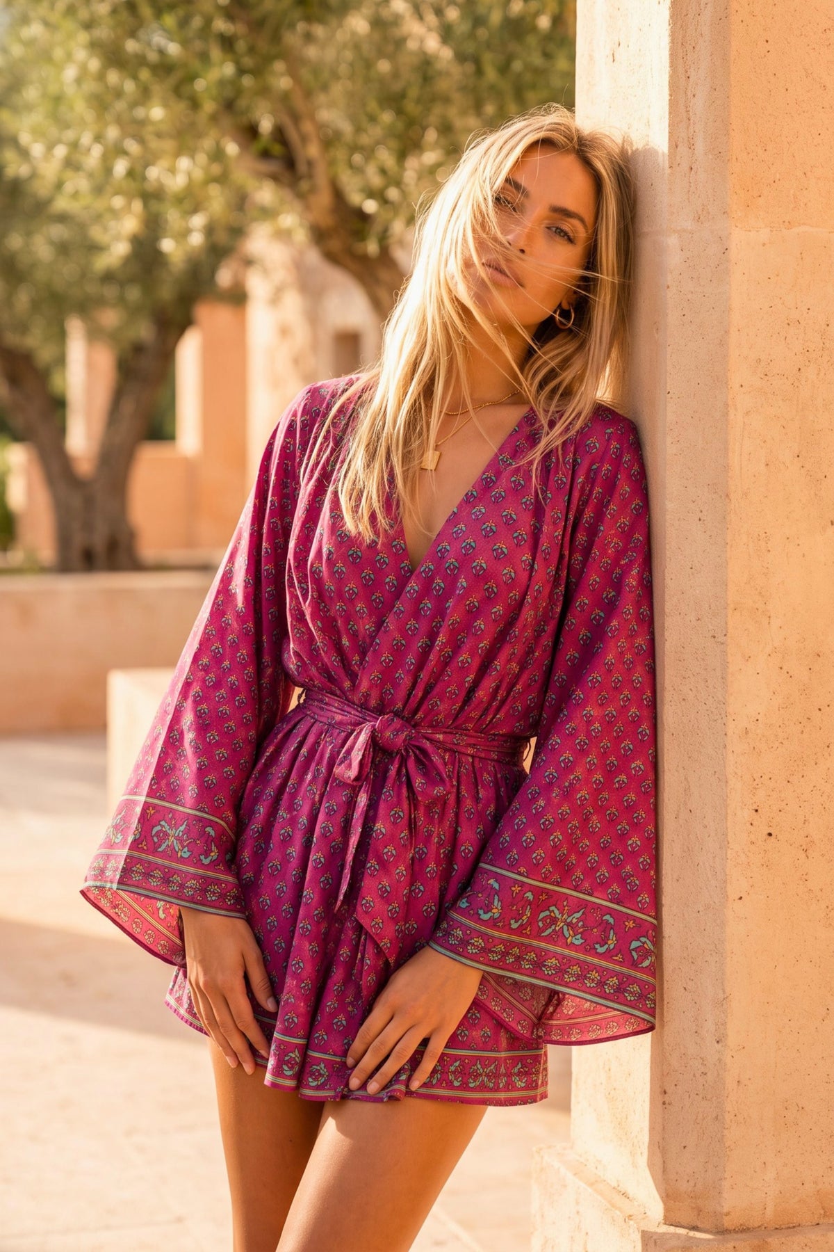 SOLARA ALIGN SILK KIMONO WRAP DRESS + MATCHING SILK SCARF BY MERAKI BEACH. 