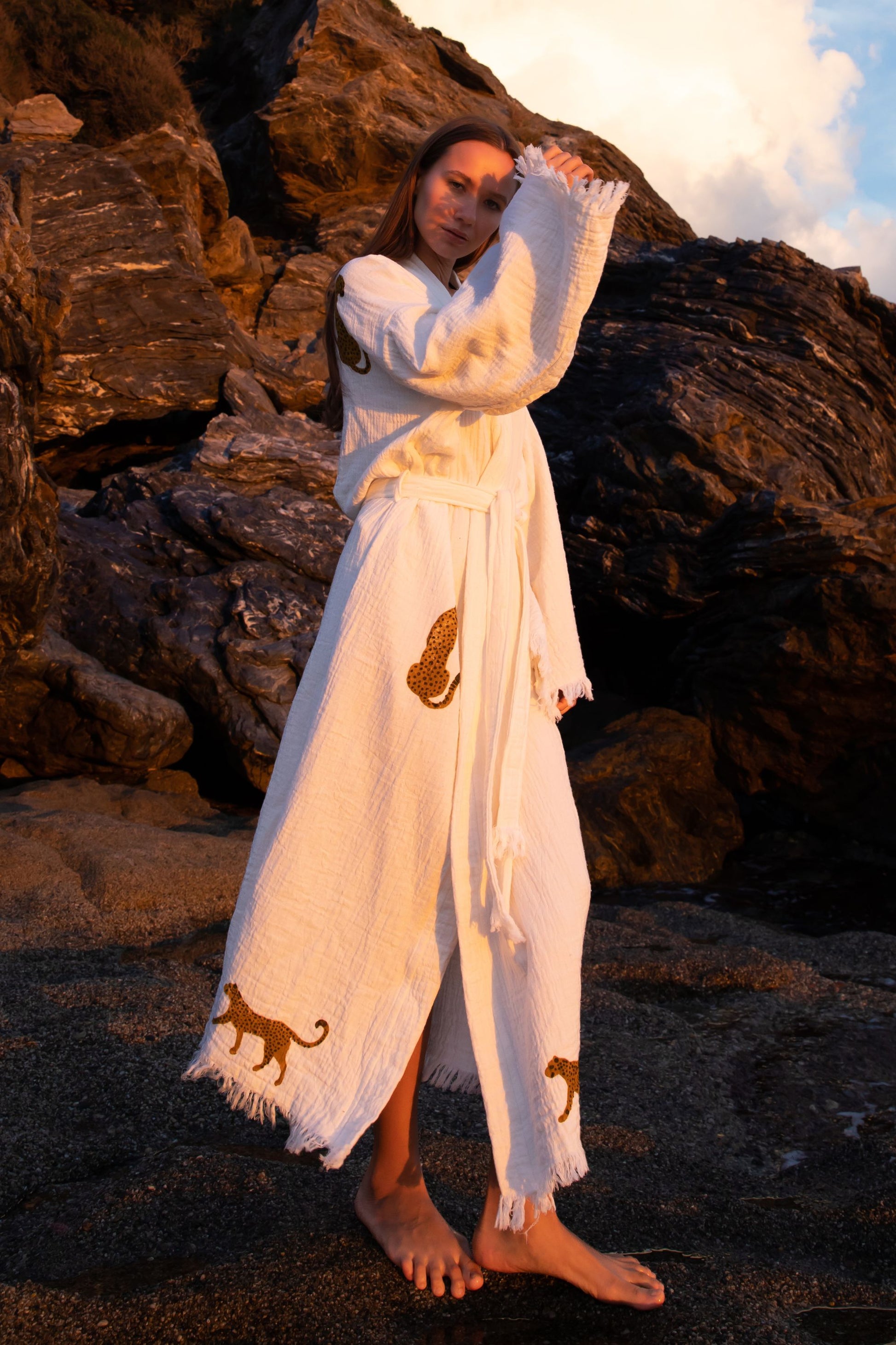 LEOPARD  CREAM AND BROWN ORGANIC COTTON KIMONO