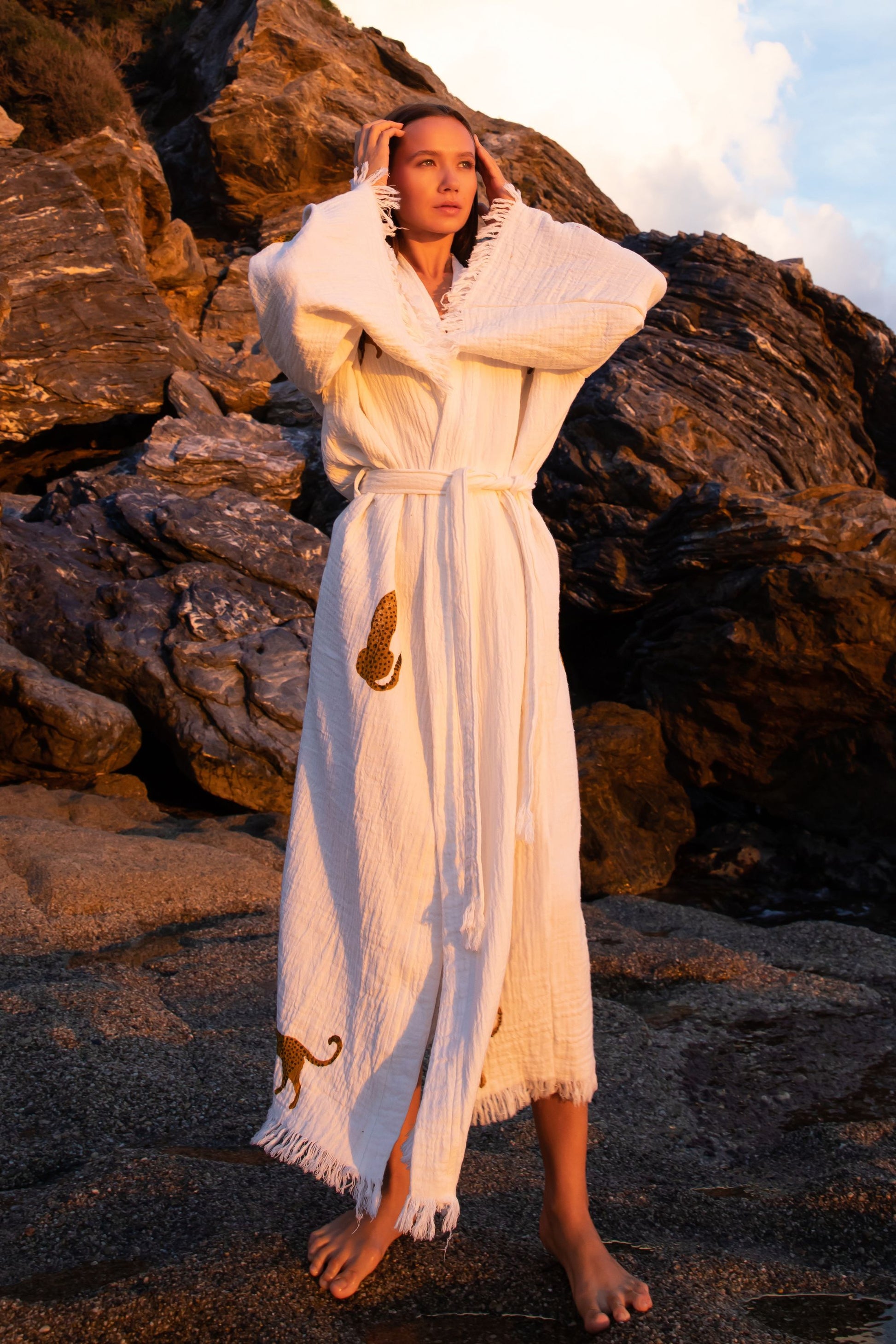 LEOPARD  CREAM AND BROWN ORGANIC COTTON KIMONO