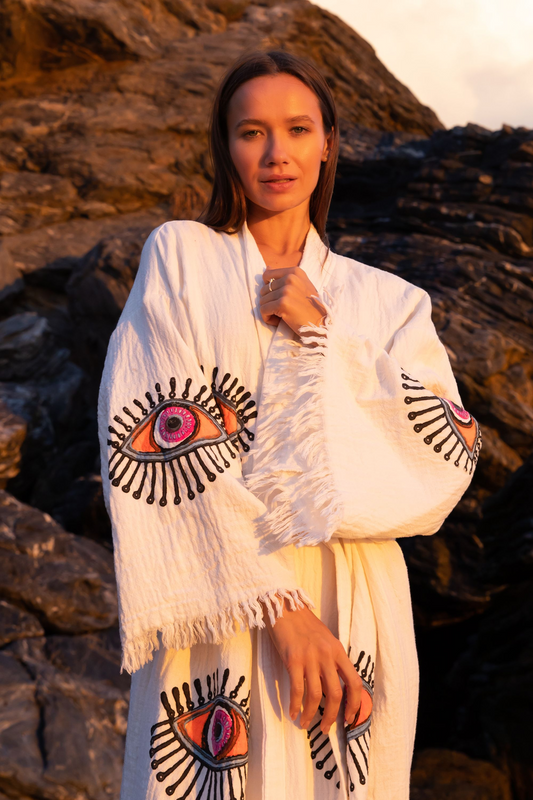 Leyla organic cotton eye kimono cream by Meraki Beach.