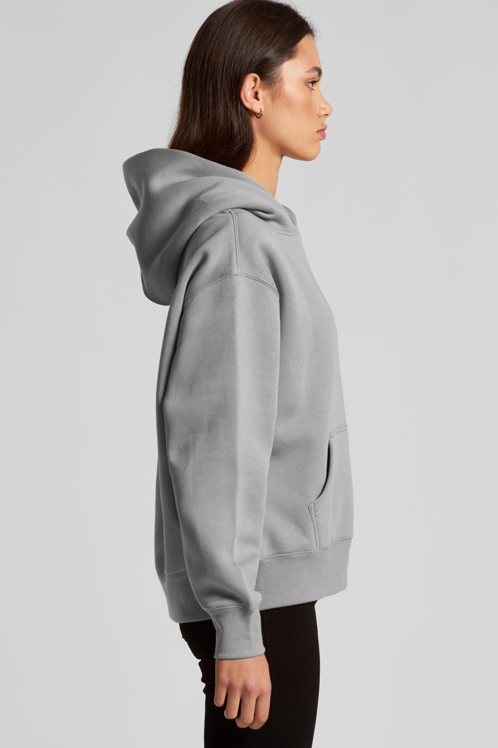 Model wearing LUMA Sustainable Relax Hoodie in Storm by Meraki Beach – recycled cotton fleece hoodie with sun design made from waste to wear materials