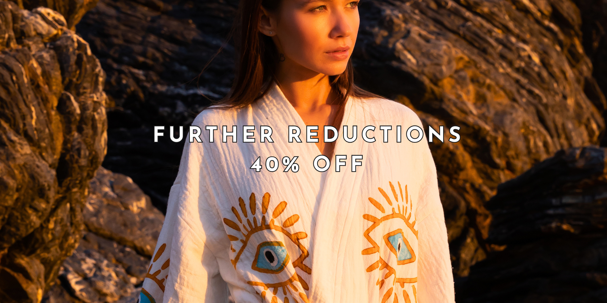 Woman wearing NAYA Organic cotton kimono from Meraki Beach - 40% off sale