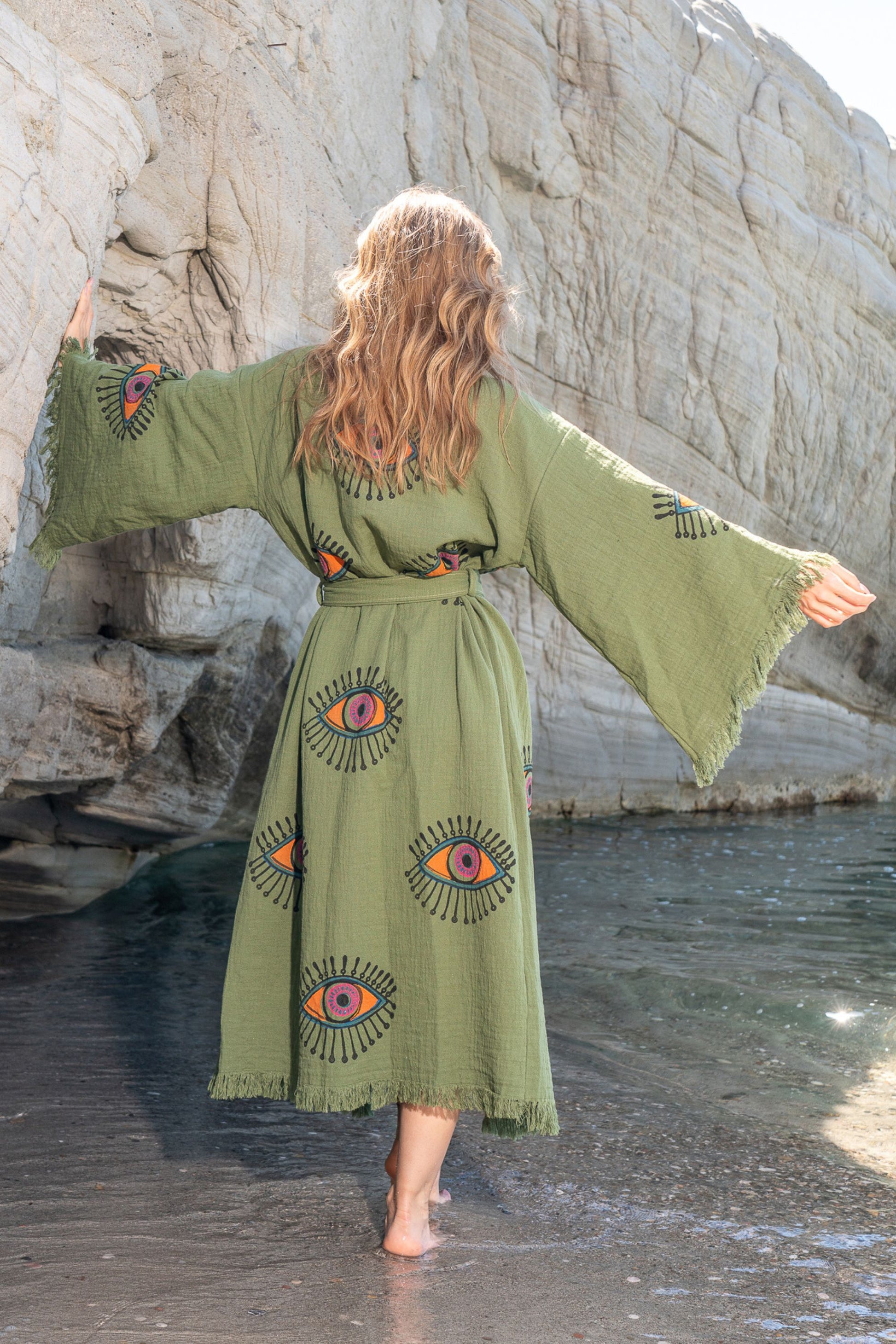 NAYA KHAKI ORGANIC COTTON KIMONO WITH EYE DESIGN BY MERAKI BEACH