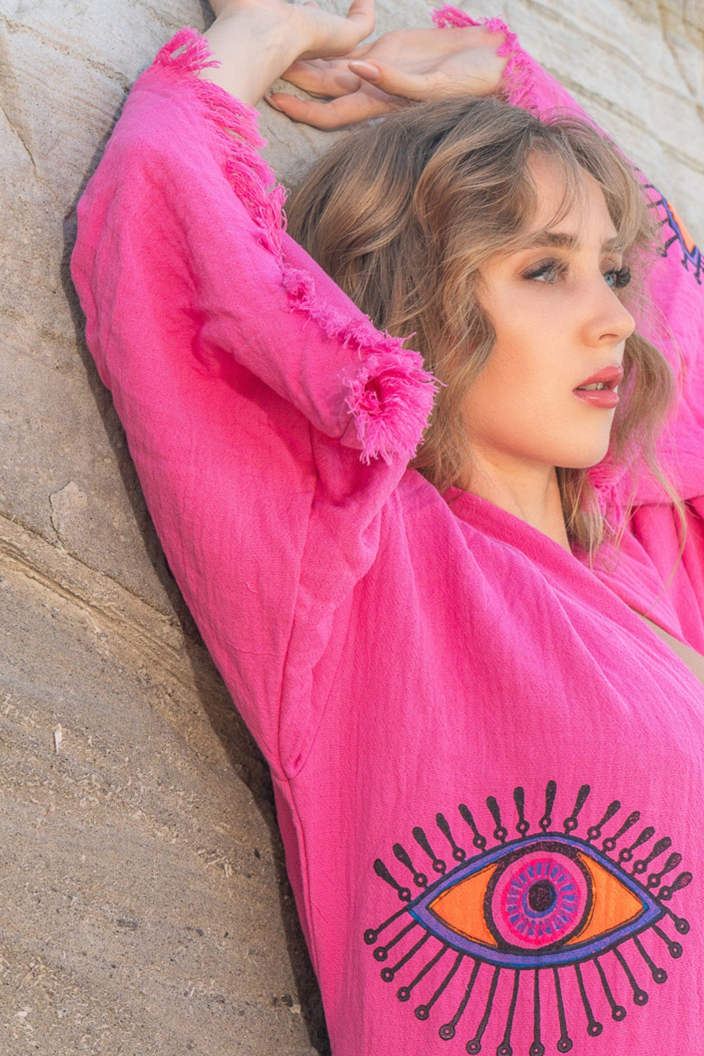 NAYA organic cotton kimono and peshtemal bundle pink eye design by Meraki Beach.