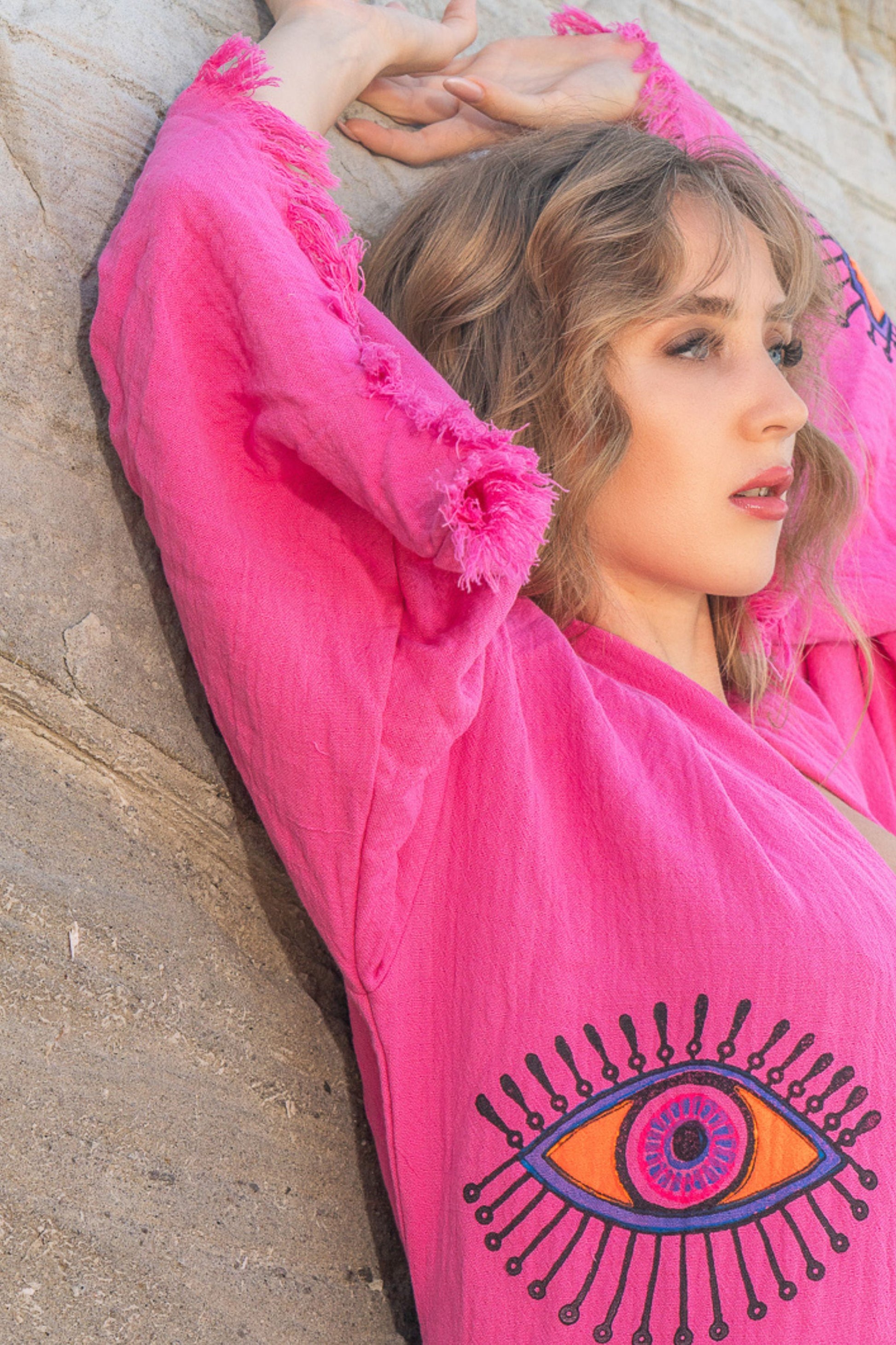 NAYA organic cotton kimono and peshtemal bundle pink eye design by Meraki Beach.