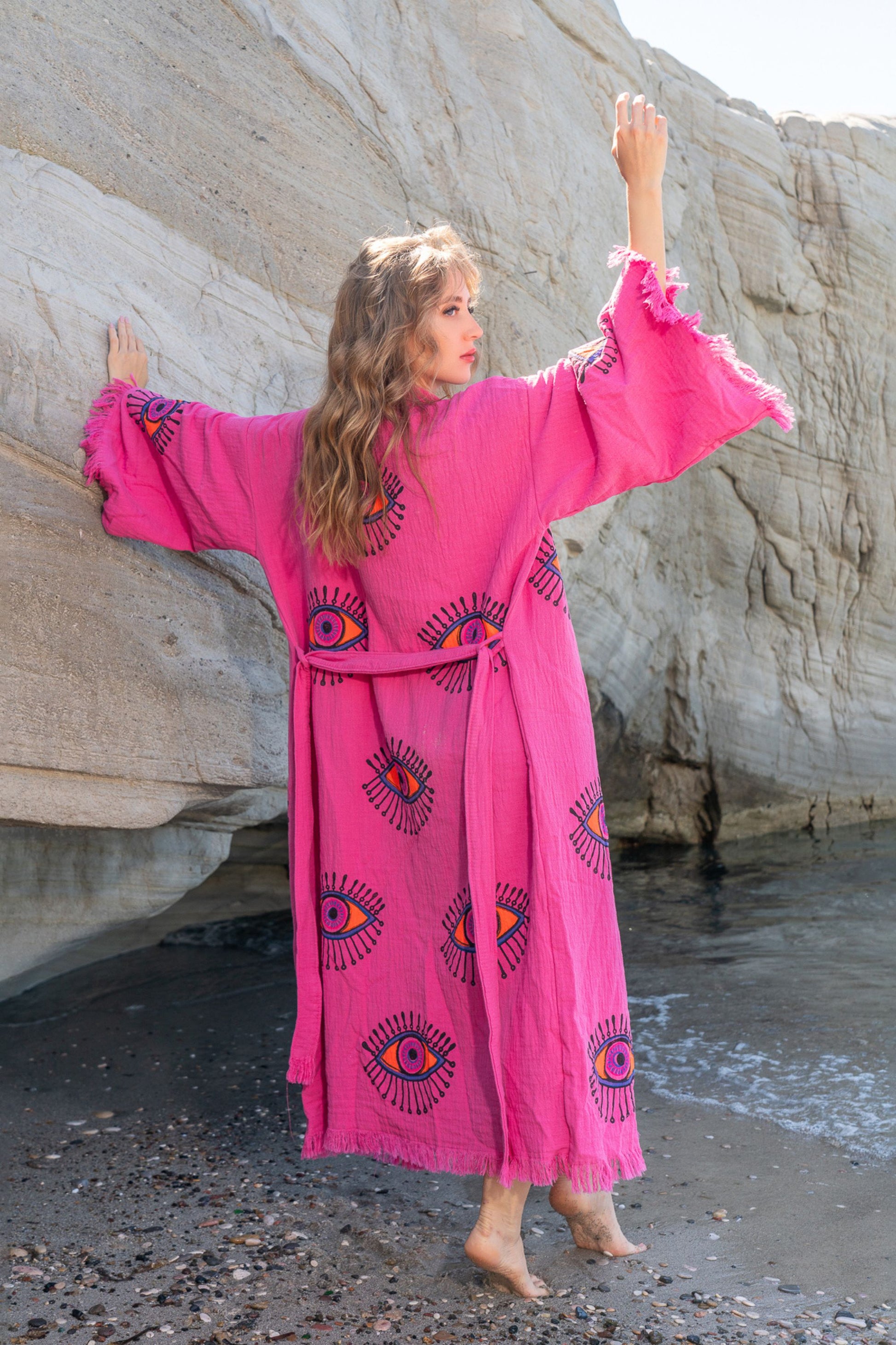 NAYA organic cotton kimono and peshtemal bundle pink eye design by Meraki Beach.