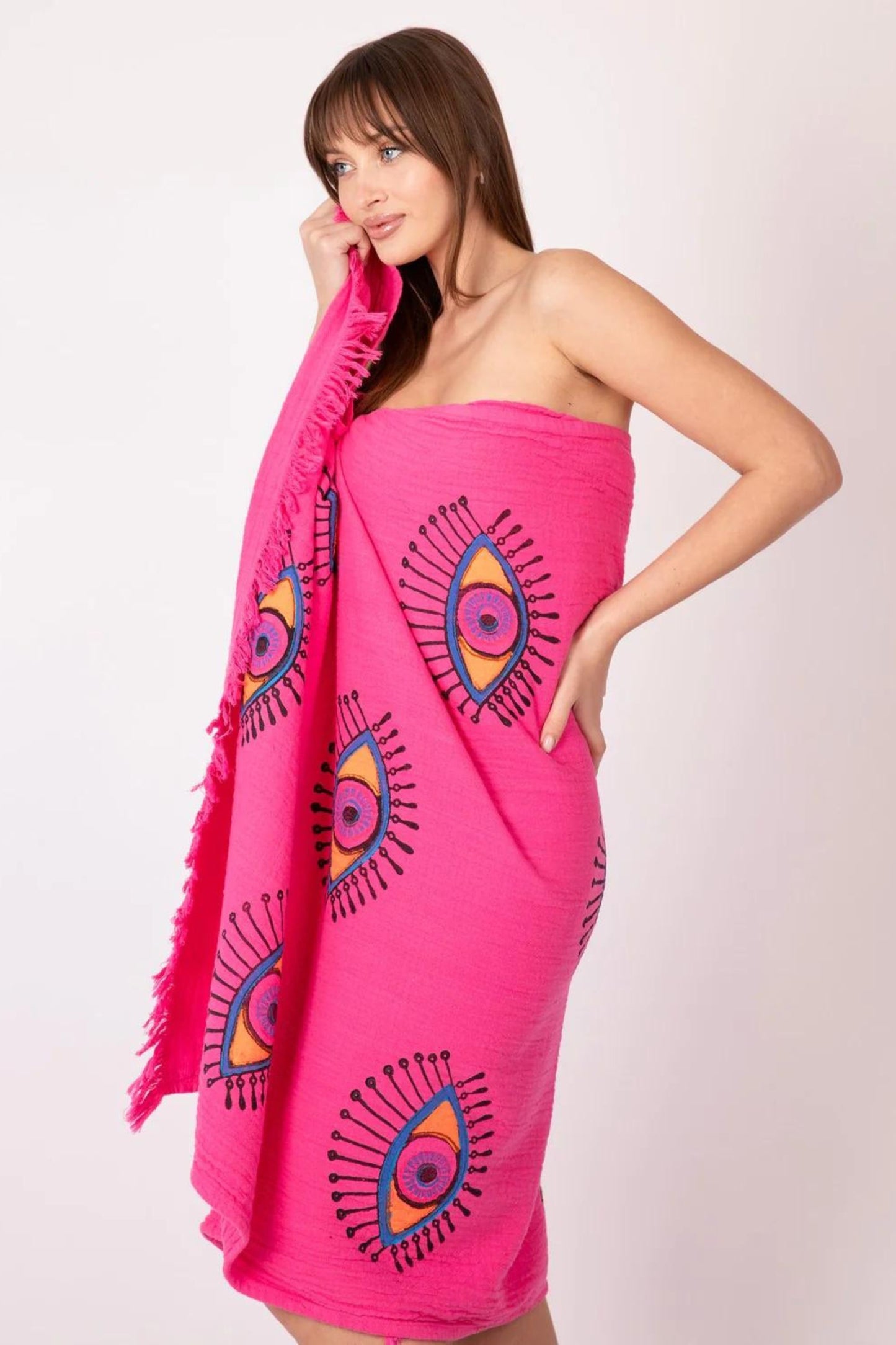 NAYA organic cotton kimono and peshtemal bundle pink eye design by Meraki Beach.