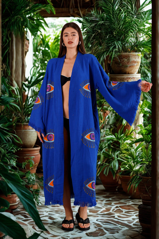 Meraki Beach NAYA Kimono in Sapphire Blue – sustainable organic cotton kimono for women, handcrafted ethical resort wear with bohemian style and elegant flowy sleeves.
