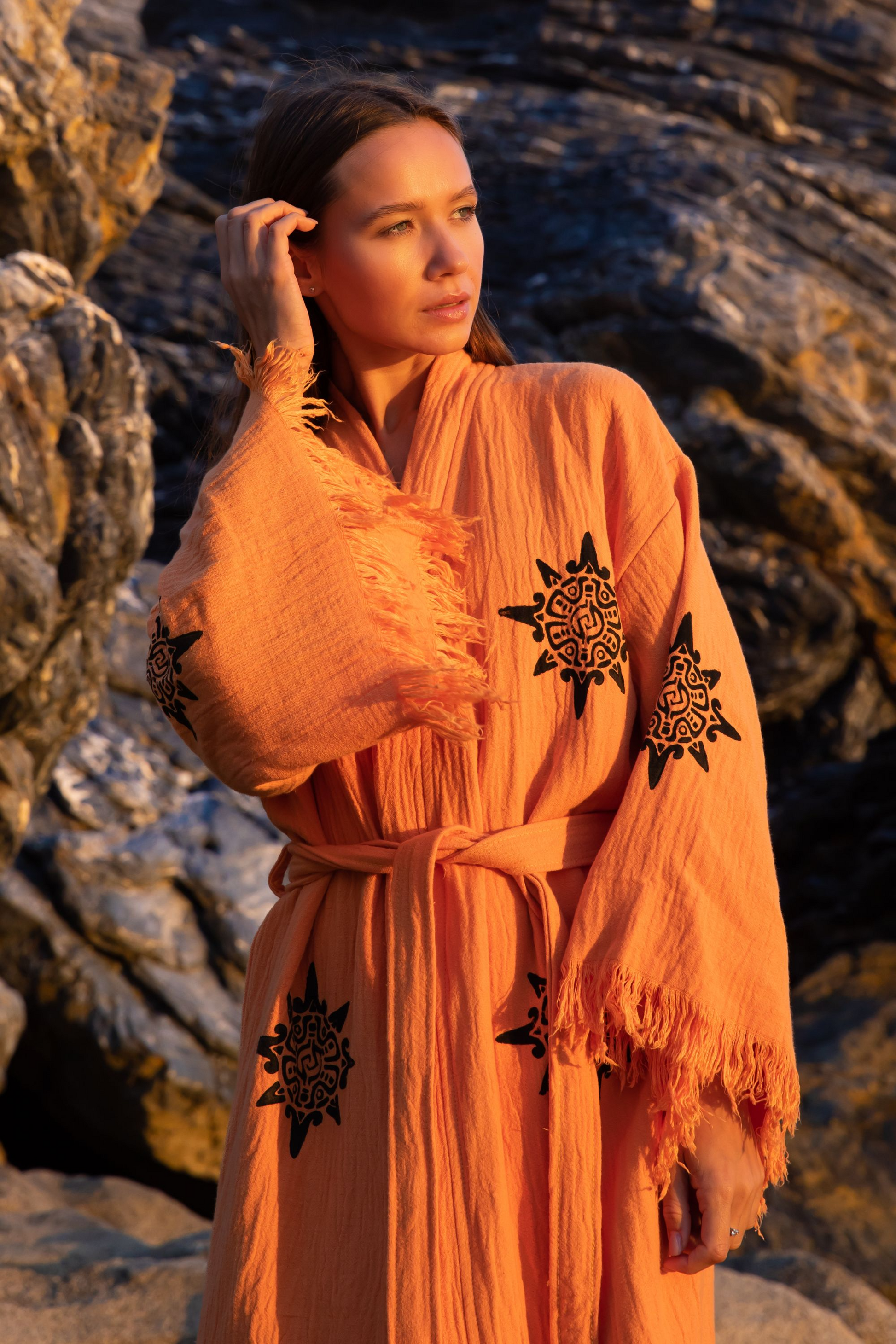 WHEEL OF LIFE ORGANIC COTTON KIMONO IN ORANGE