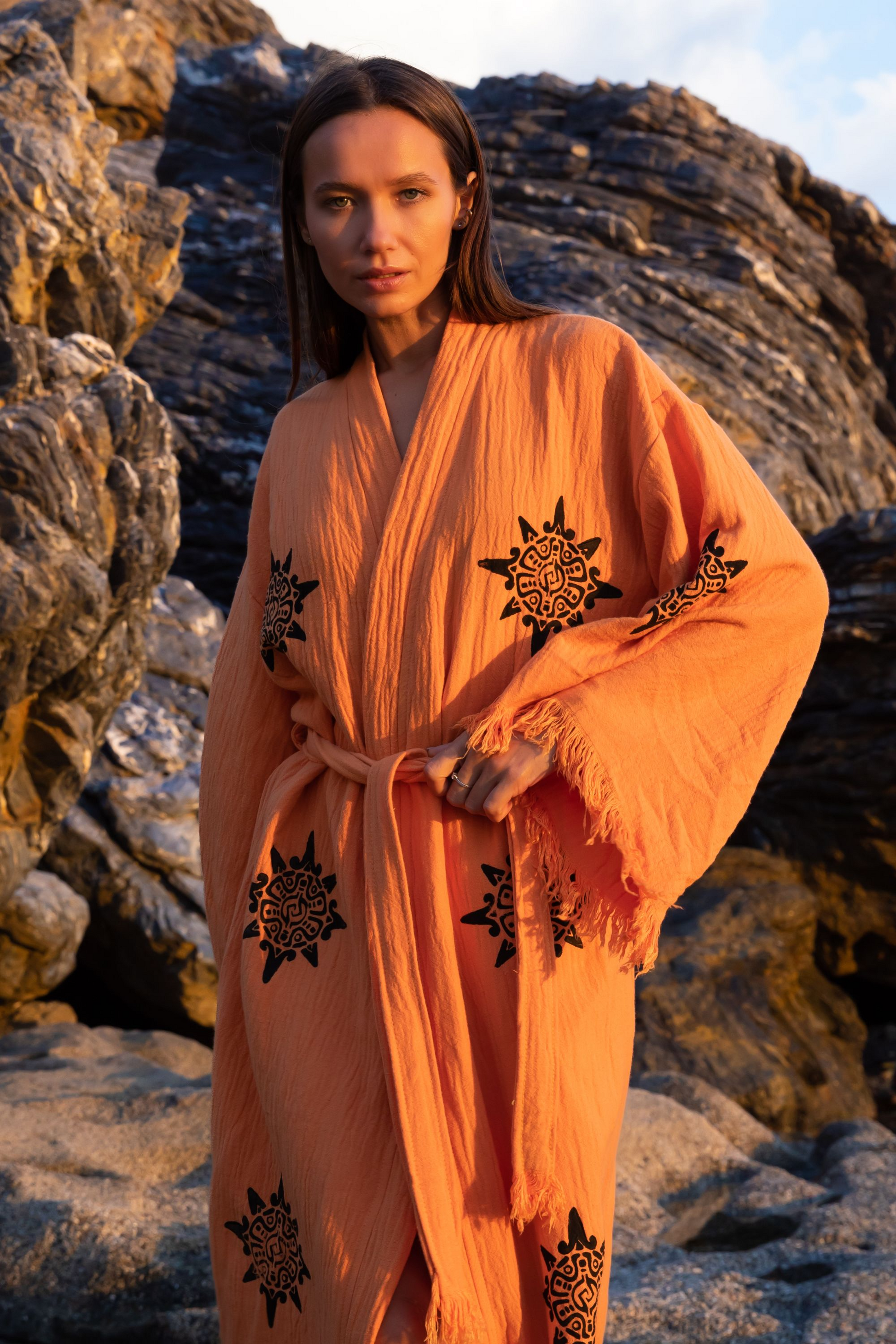 WHEEL OF LIFE ORGANIC COTTON KIMONO IN ORANGE