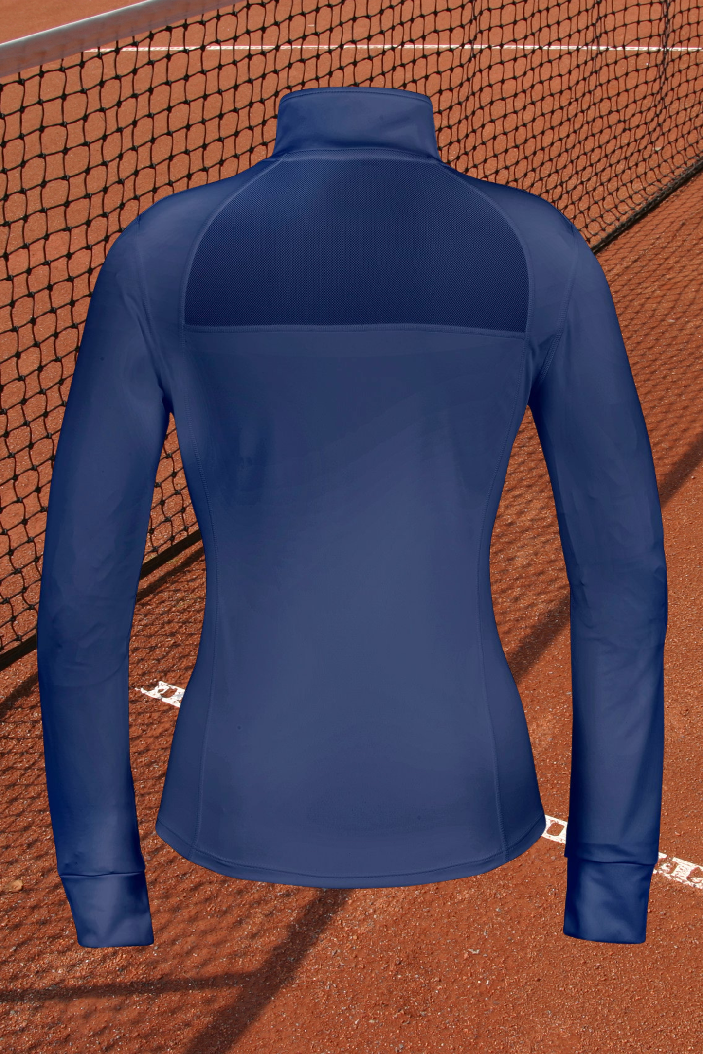 Back view of PALMA Women’s Recycled Sports Jacket in Navy showing mesh shoulder panels and sculpted seams, eco-conscious activewear by Meraki Beach