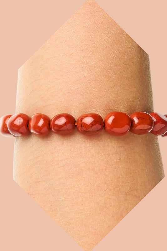ETHICALLY SOURCED RED JASPER CRYSTAL BRACELET BY MERAKI BEACH. WEAR YOUR ENERGY COLLECTION.