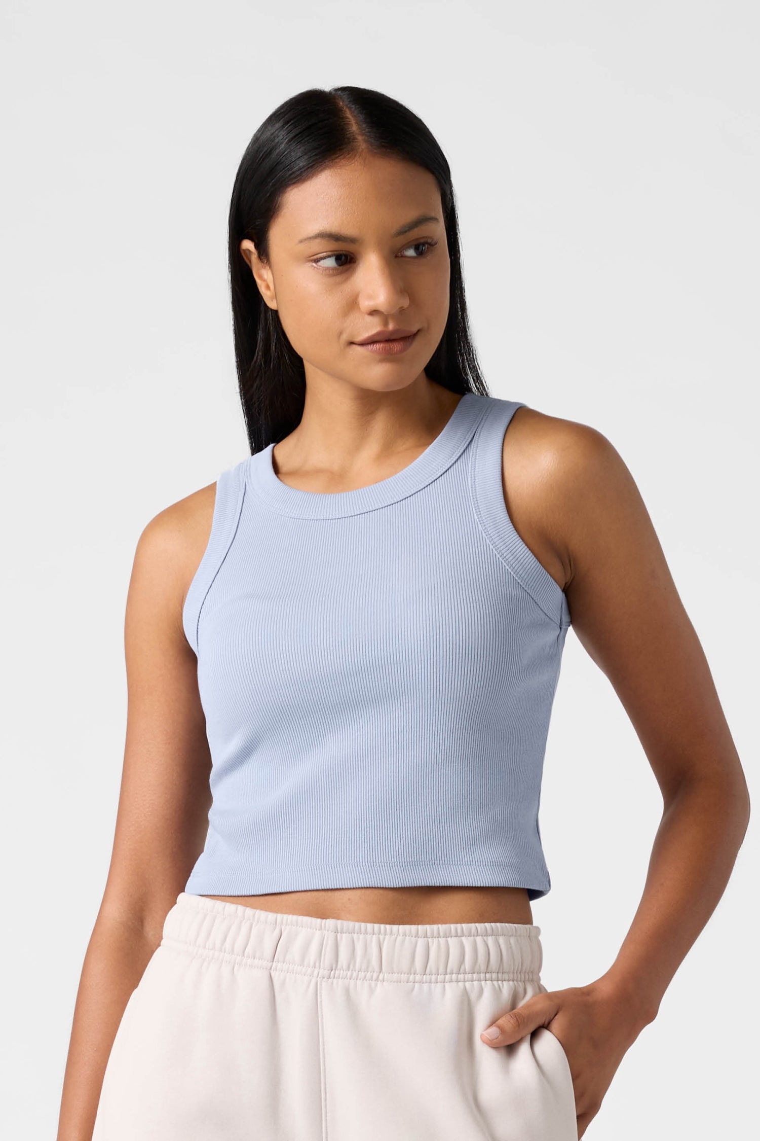 REVA Rib Organic Cotton Tank in Powder Blue – sustainable heavy-weight crop top