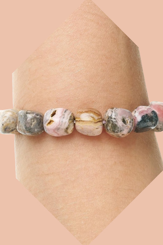 Rhodochrosite Healing Crystal Bracelet with Jute Hessian Gift Pouch by Meraki Breach - Wear Your Energy Crystal Collection.