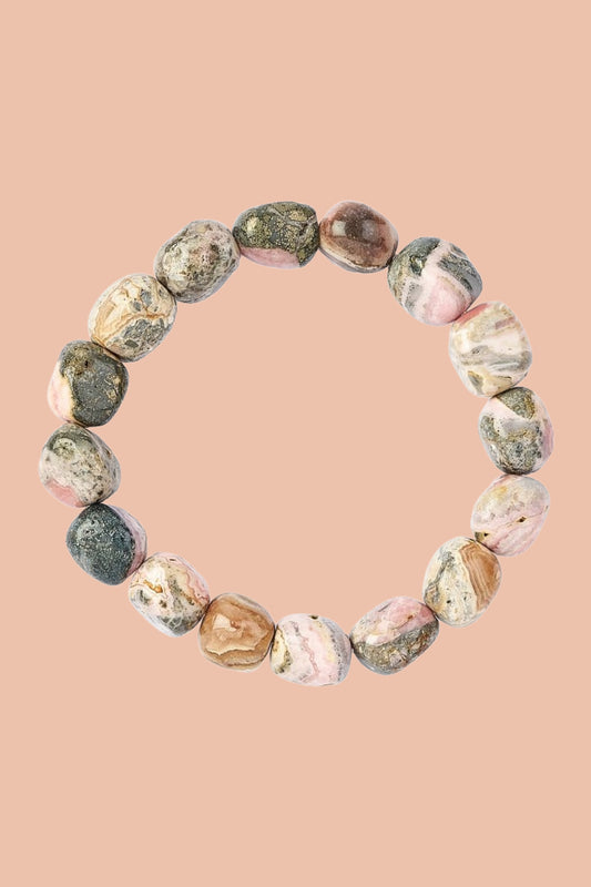 Rhodochrosite Healing Crystal Bracelet with Jute Hessian Gift Pouch by Meraki Breach - Wear Your Energy Crystal Collection.