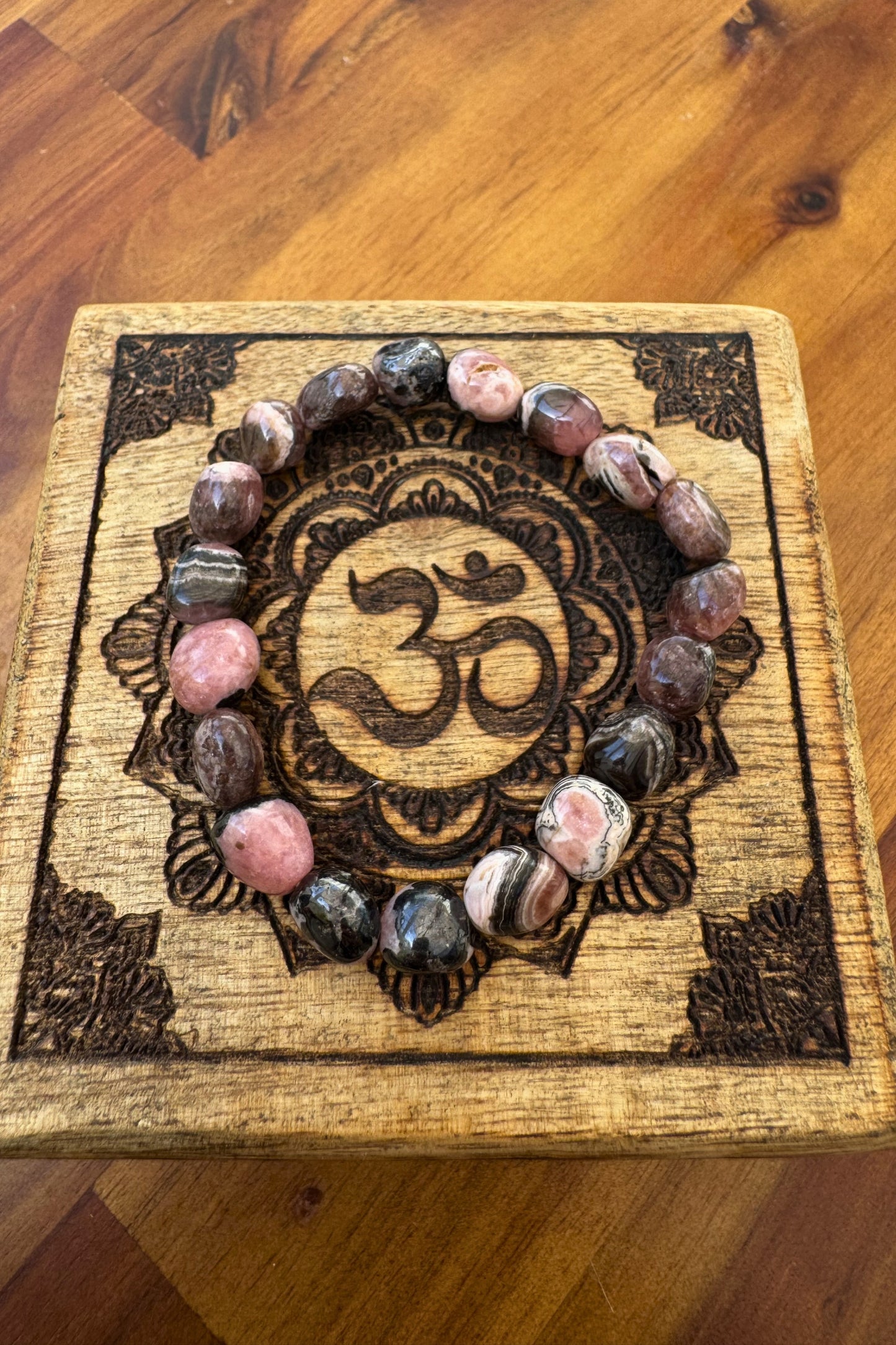 Rhodochrosite Healing Crystal Bracelet with Jute Hessian Gift Pouch by Meraki Breach - Wear Your Energy Crystal Collection.