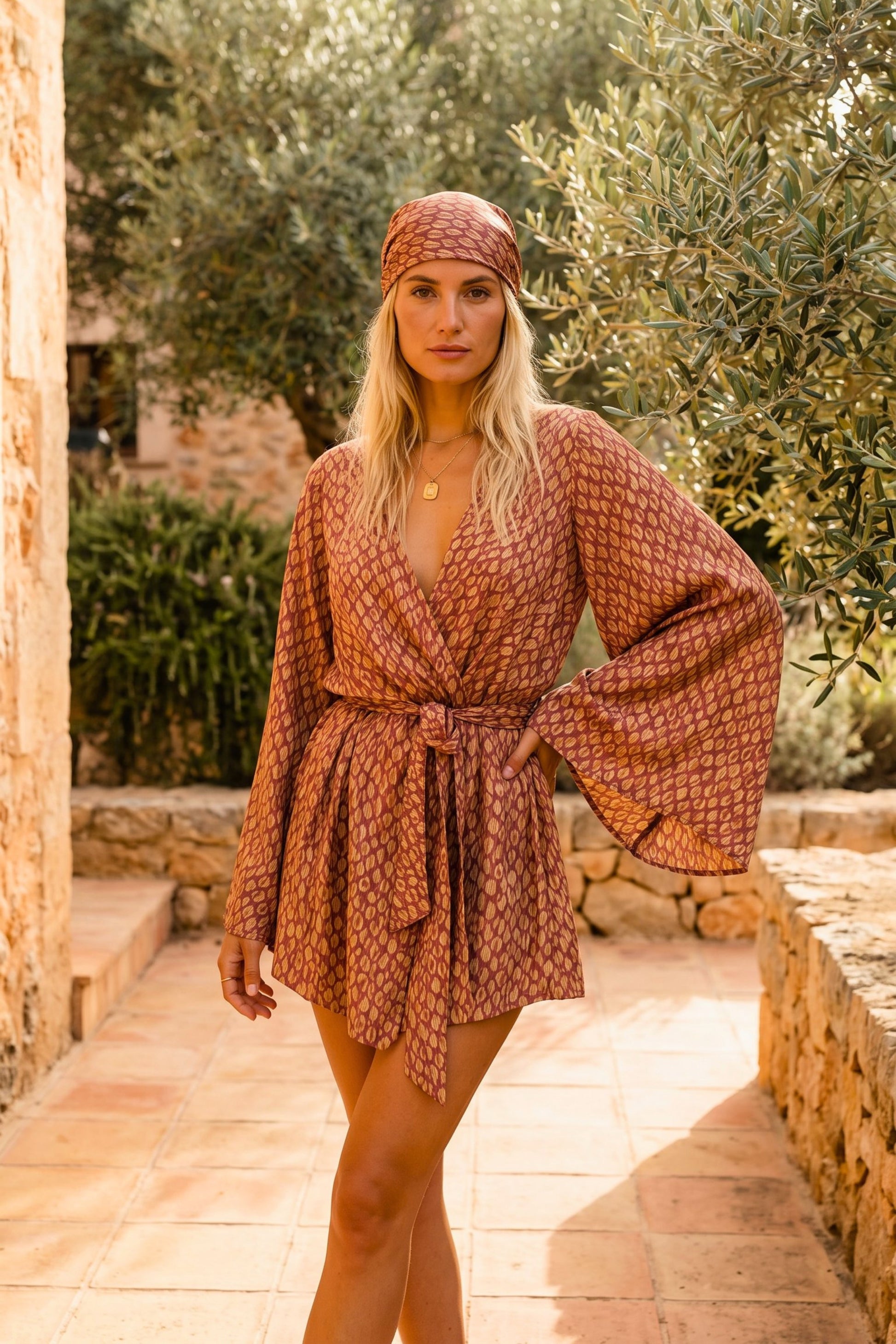 SOLARA ROOT SILK KIMONO WRAP DRESS + MATCHING SILK SCARF BY MERAKI BEACH. 