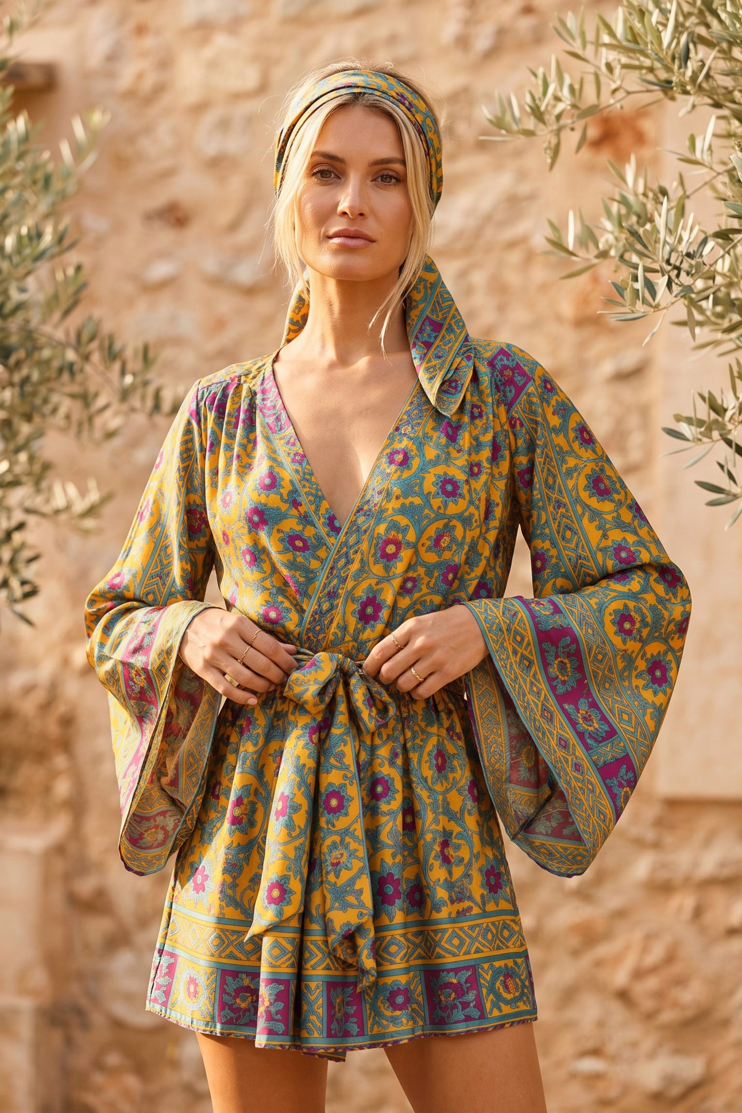 SOLARA ROOT SILK KIMONO WRAP DRESS + MATCHING SILK SCARF BY MERAKI BEACH. 