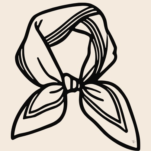 A minimalist black line art illustration of a scarf tied in a bow, set against a solid light beige background.