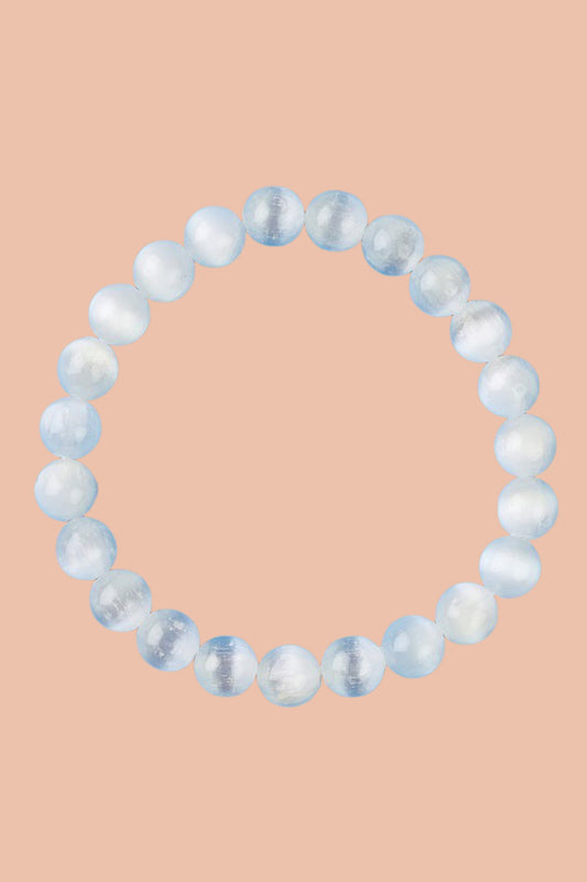 Selenite Crystal Bracelet with Natural and ethically sourced 8mm Tumblestone Beads by Meraki Beach.