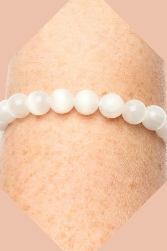 Selenite Crystal Bracelet with Natural and ethically sourced 8mm Tumblestone Beads by Meraki Beach.