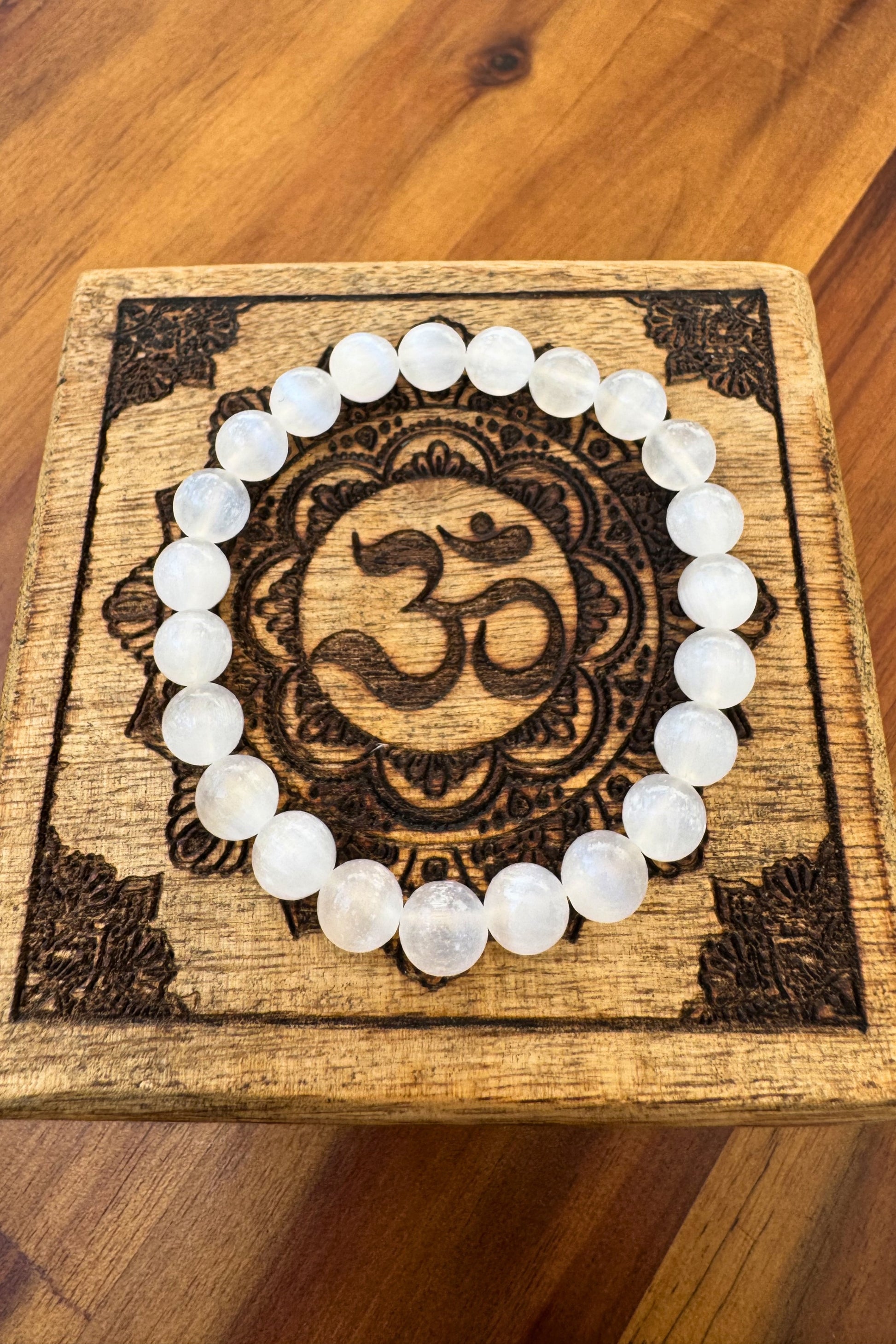 Selenite Crystal Bracelet with Natural and ethically sourced 8mm Tumblestone Beads by Meraki Beach.