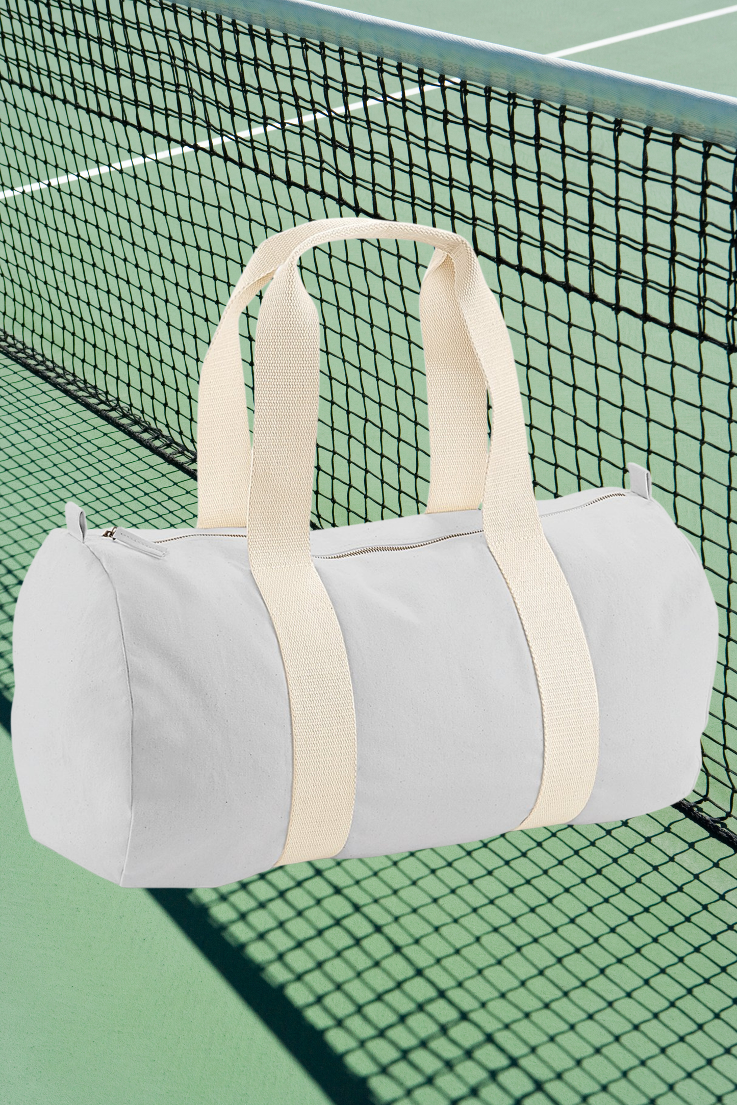 Meraki Beach organic cotton SOL barrel bag in light grey with cream straps. 
