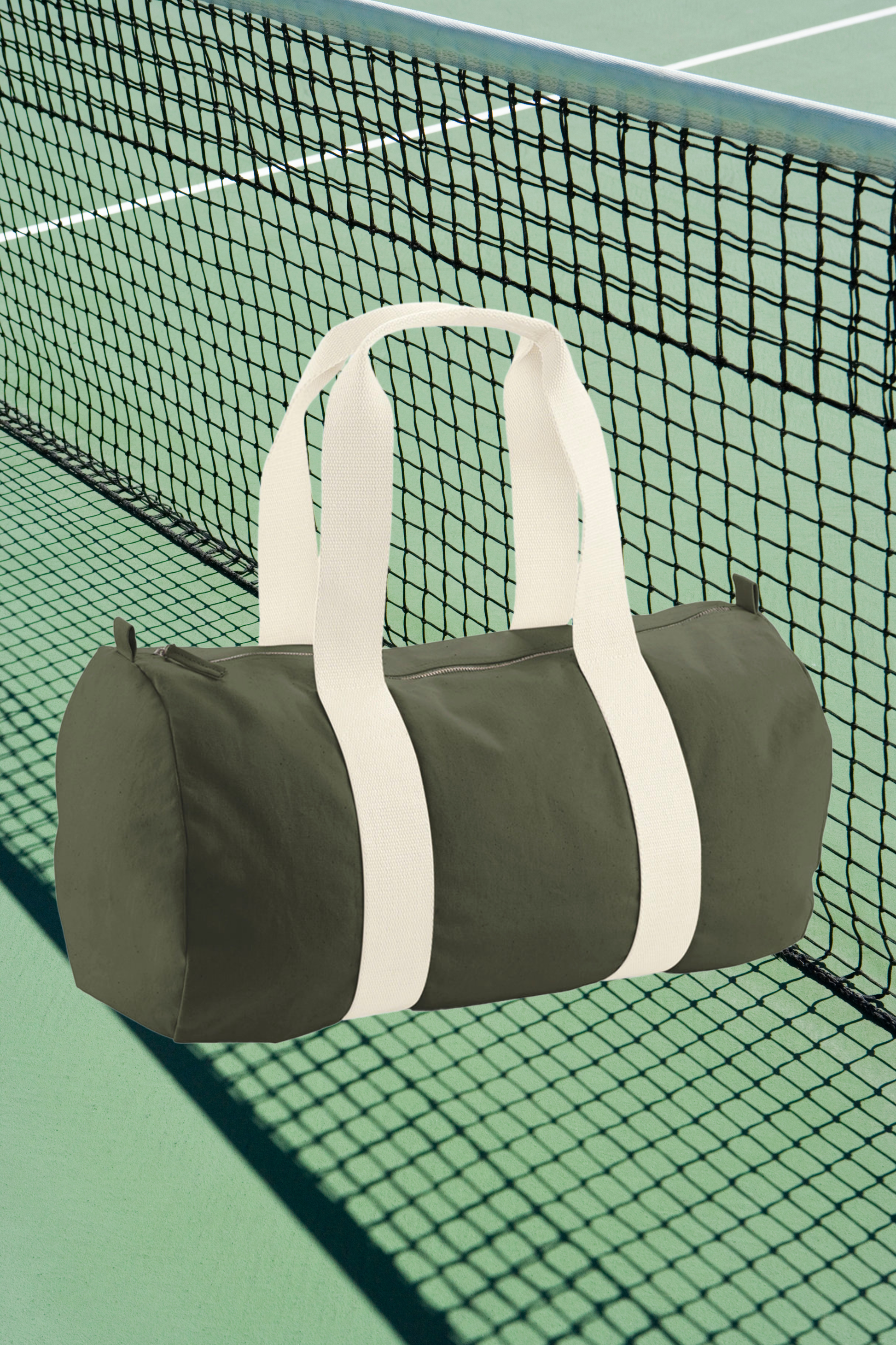 Meraki Beach organic cotton SOL barrel bag in Olive green with cream straps. 