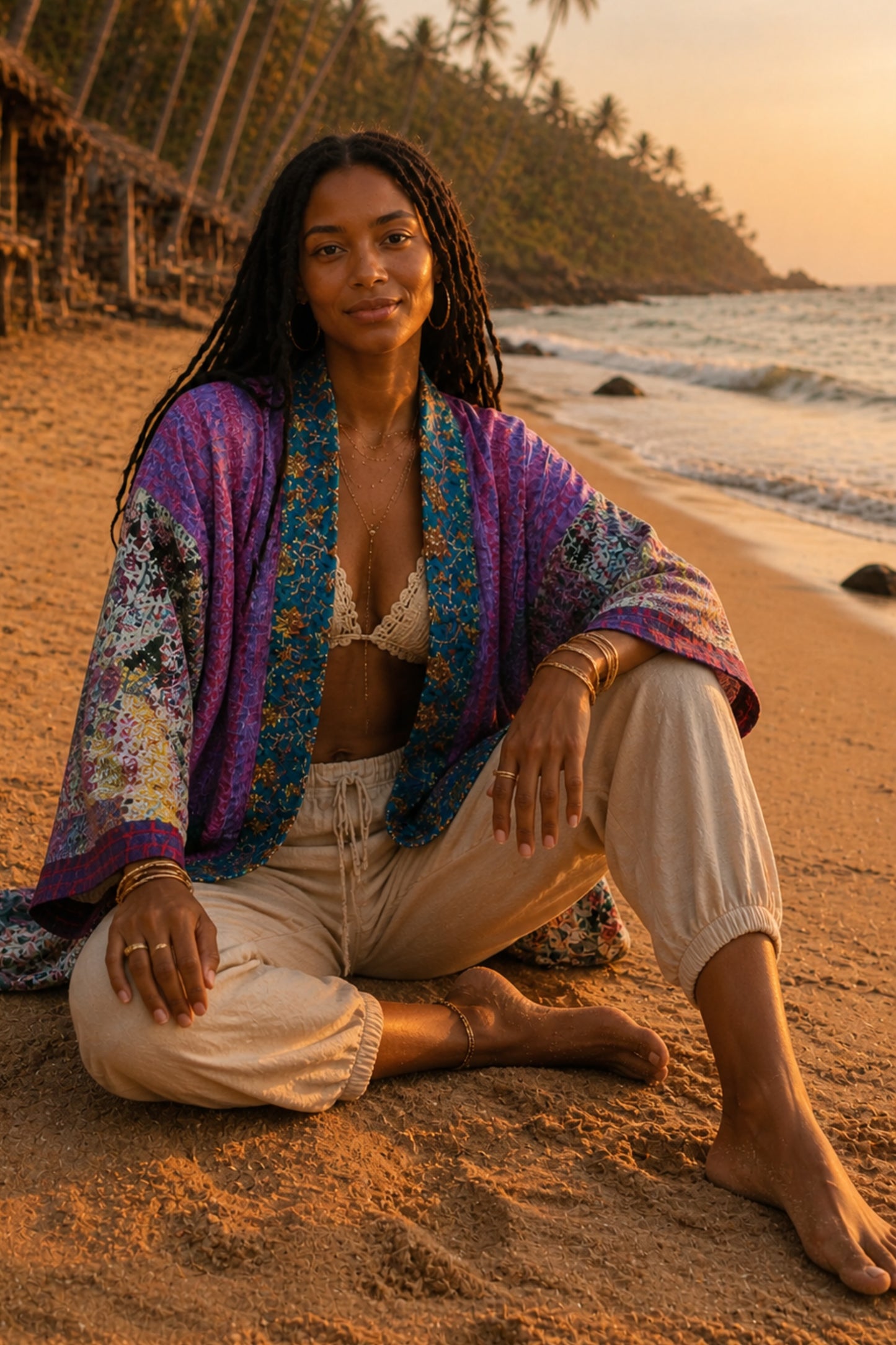 SILK KANTHA JACKET IN BLUE AND PURPLE, MADE FROM RECYCLED SARI FABRIC BY MERAKI BEACH. 