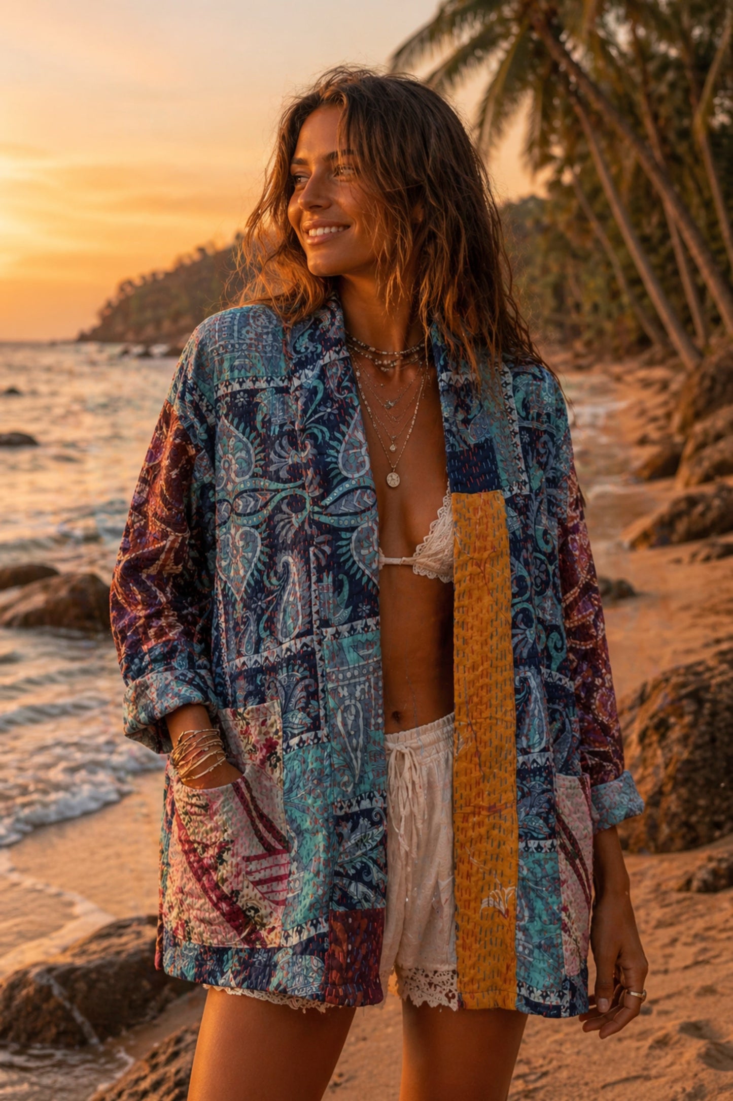 SILK KANTHA JACKET IN BLUE, MADE FROM RECYCLED SARI FABRIC BY MERAKI BEACH. 