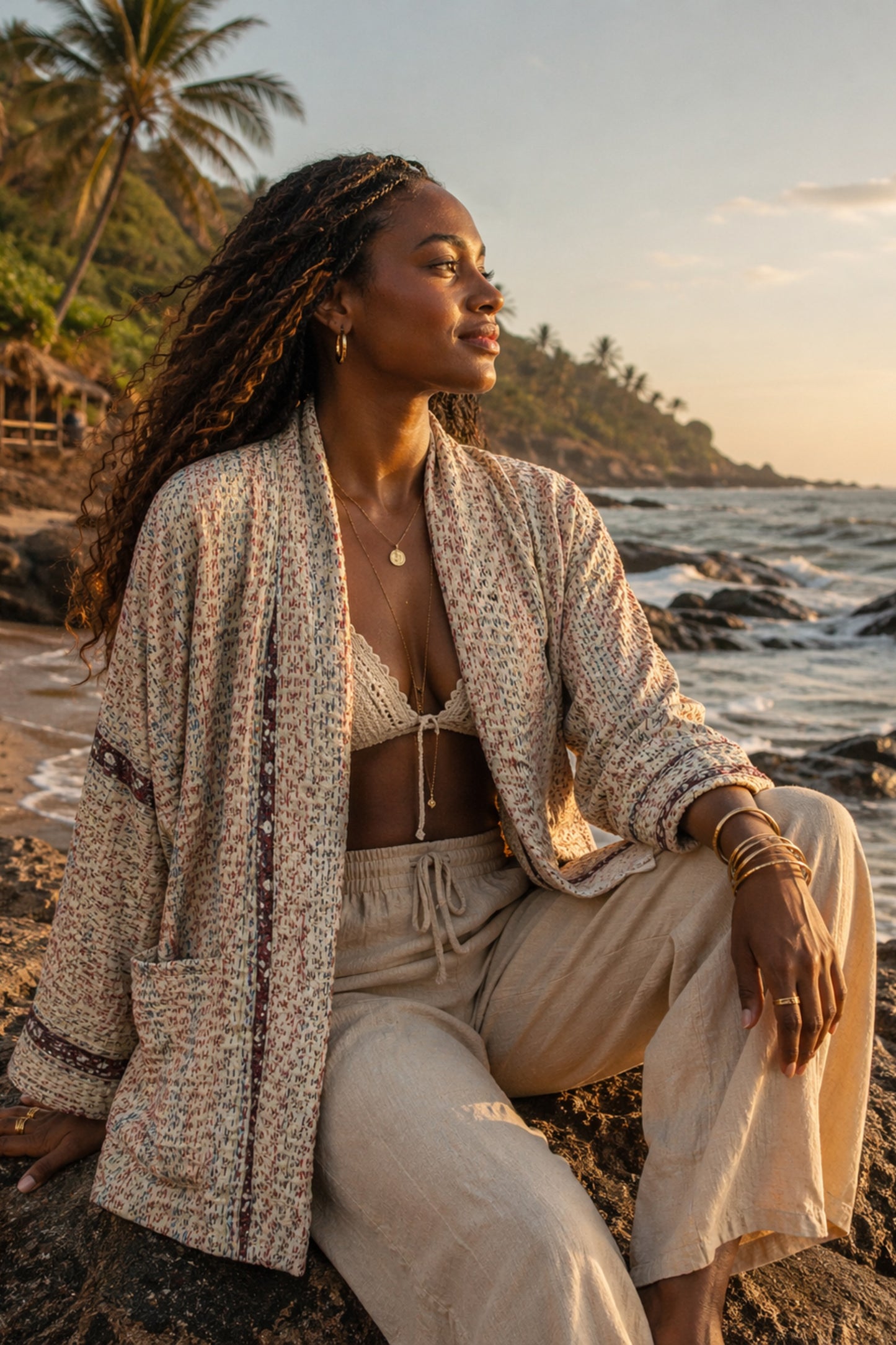 SILK KANTHA JACKET IN CREAM, MADE FROM RECYCLED SARI FABRIC BY MERAKI BEACH. 