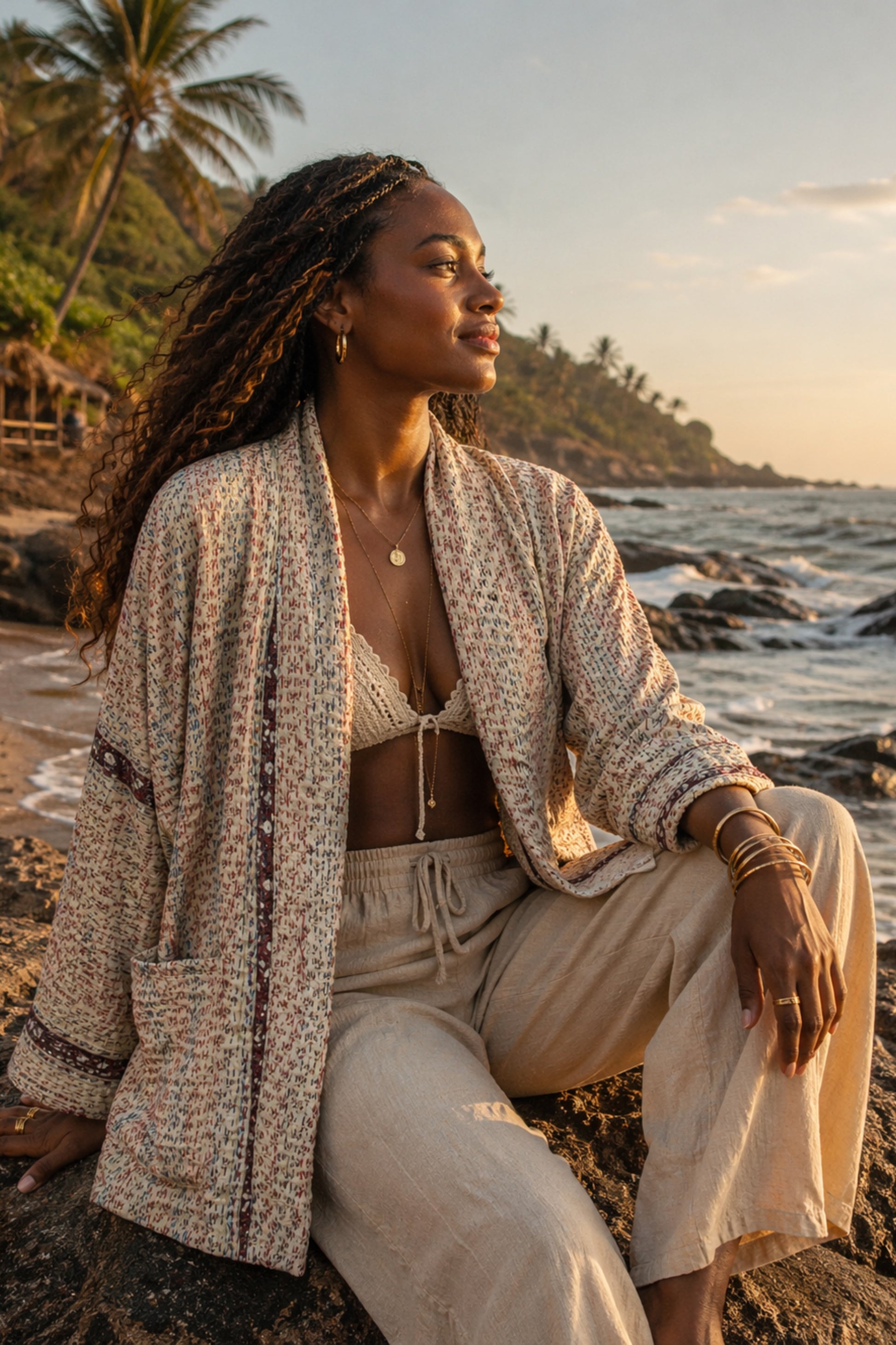 SILK KANTHA JACKET IN CREAM, MADE FROM RECYCLED SARI FABRIC BY MERAKI BEACH. 