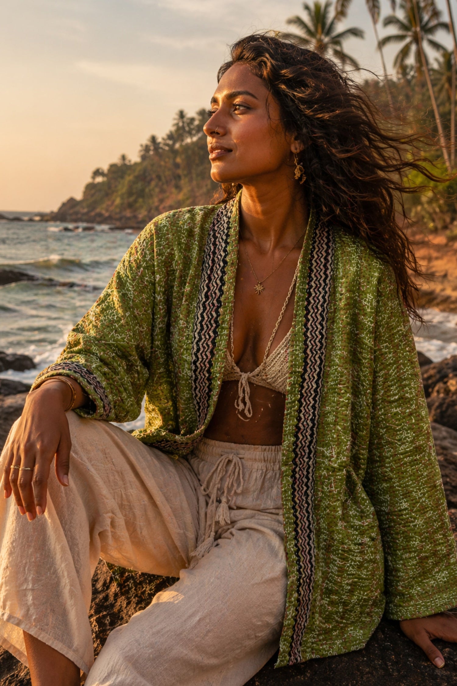 SILK KANTHA JACKET IN LIME, MADE FROM RECYCLED SARI FABRIC BY MERAKI BEACH. 