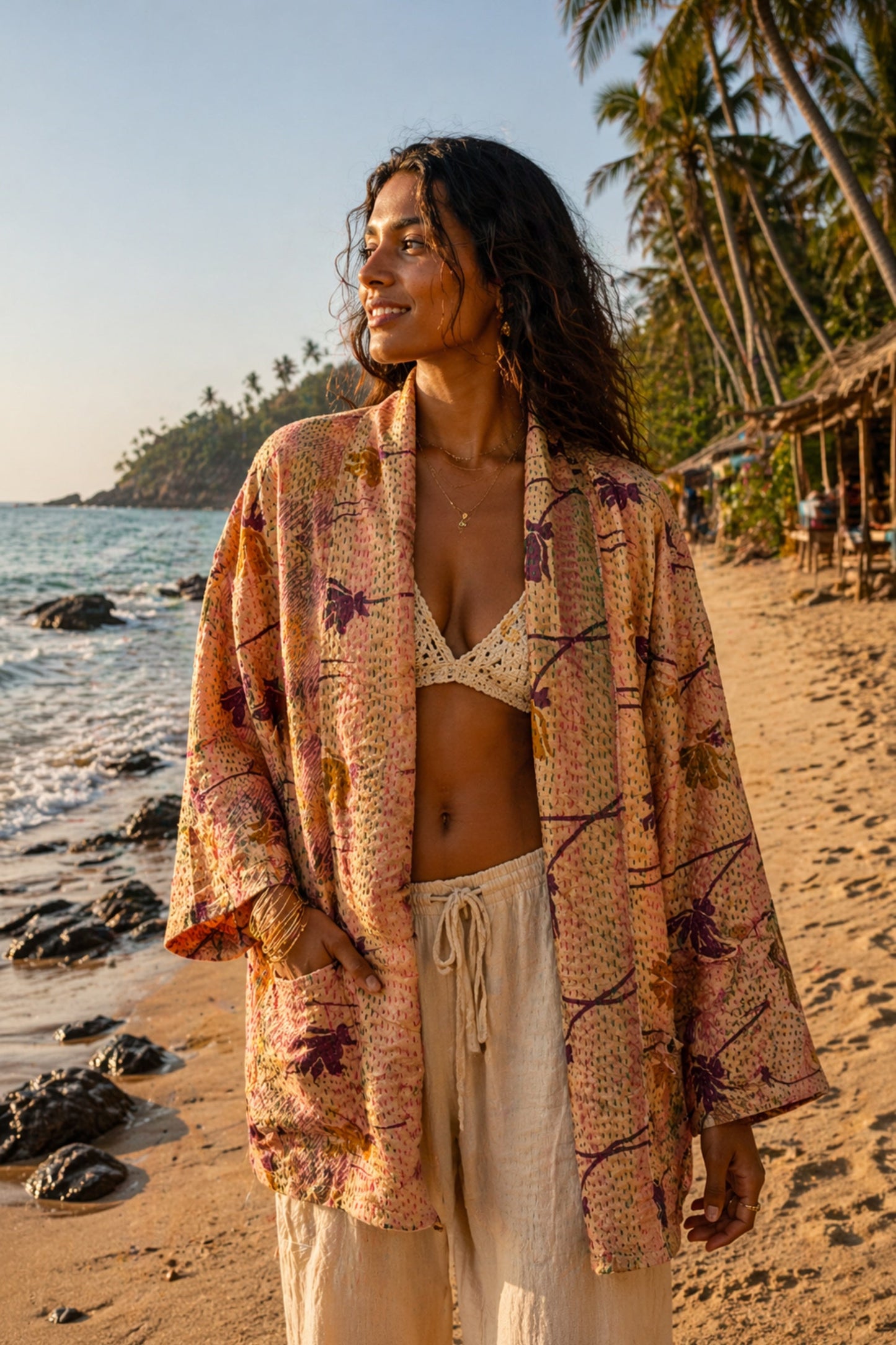 SILK KANTHA JACKET IN PEACH,  MADE FROM RECYCLED SARI FABRIC BY MERAKI BEACH. 