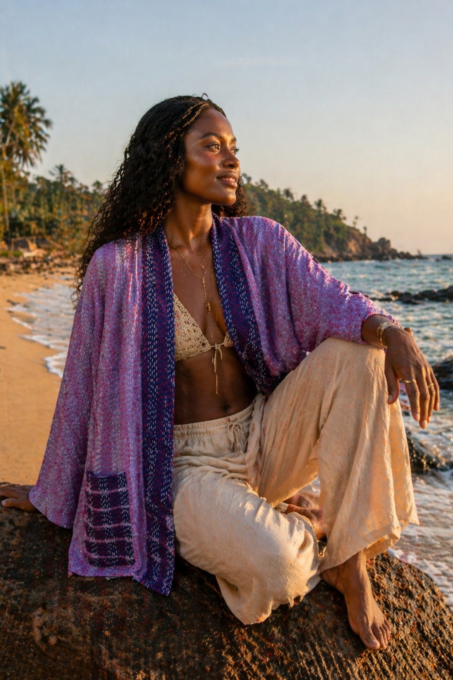 SILK KANTHA JACKET IN PURPLE, MADE FROM RECYCLED SARI FABRIC BY MERAKI BEACH. 