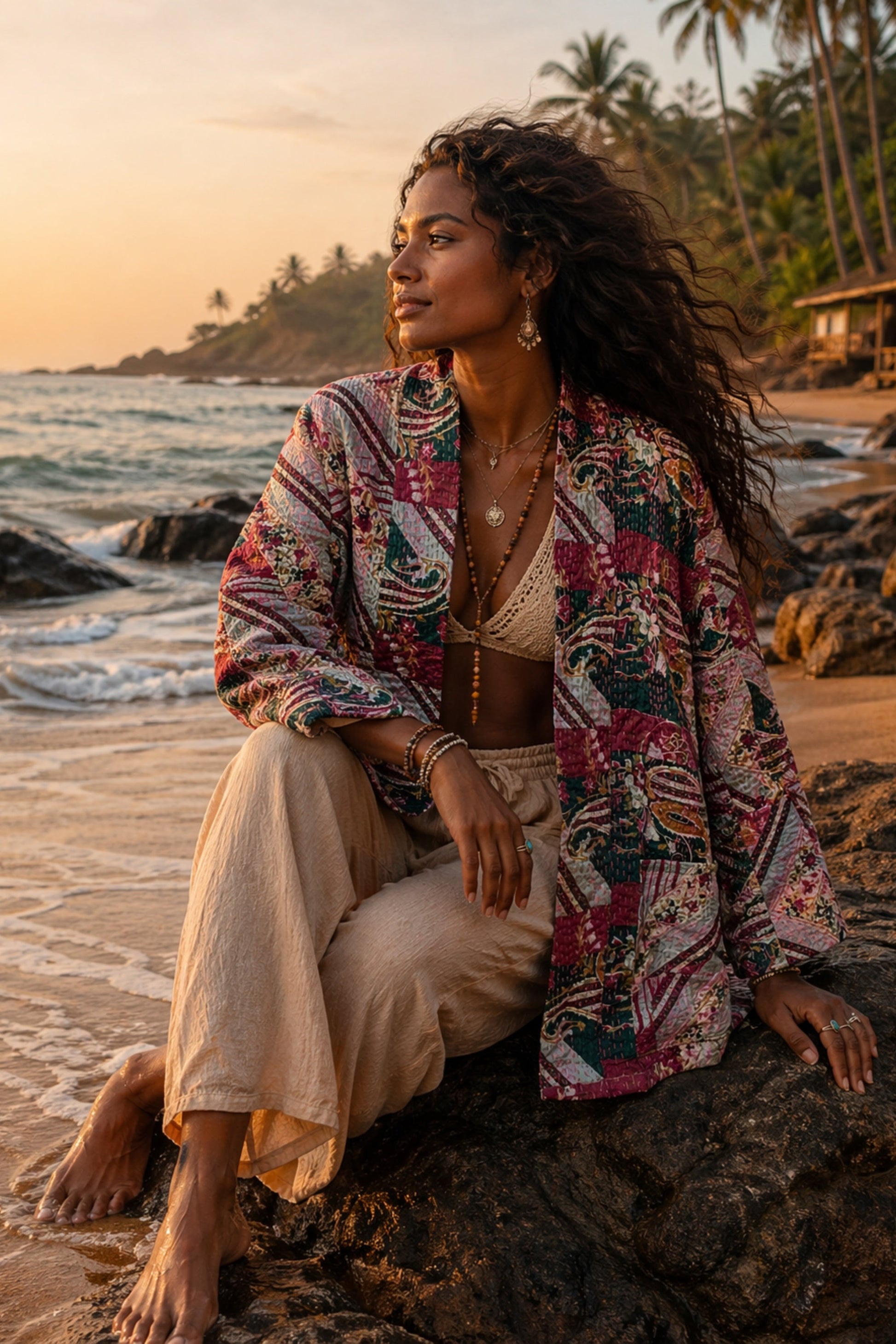 SILK KANTHA JACKET IN RED, MADE FROM RECYCLED SARI FABRIC BY MERAKI BEACH. 