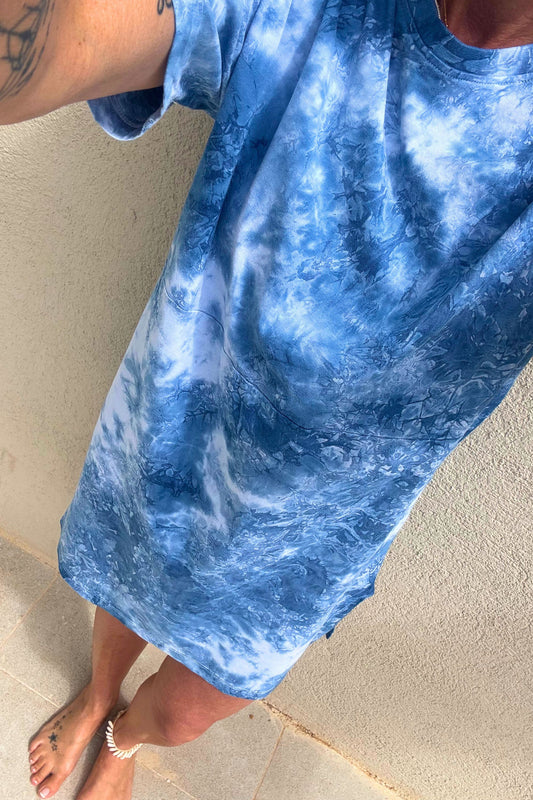 VEGA ORGANIC COTTON TSHIRT DRESS DYED WITH SHIBORI INDIGO