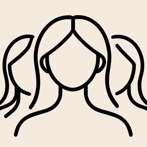 A minimalist black line art icon of a girl with pigtails on a light beige background.